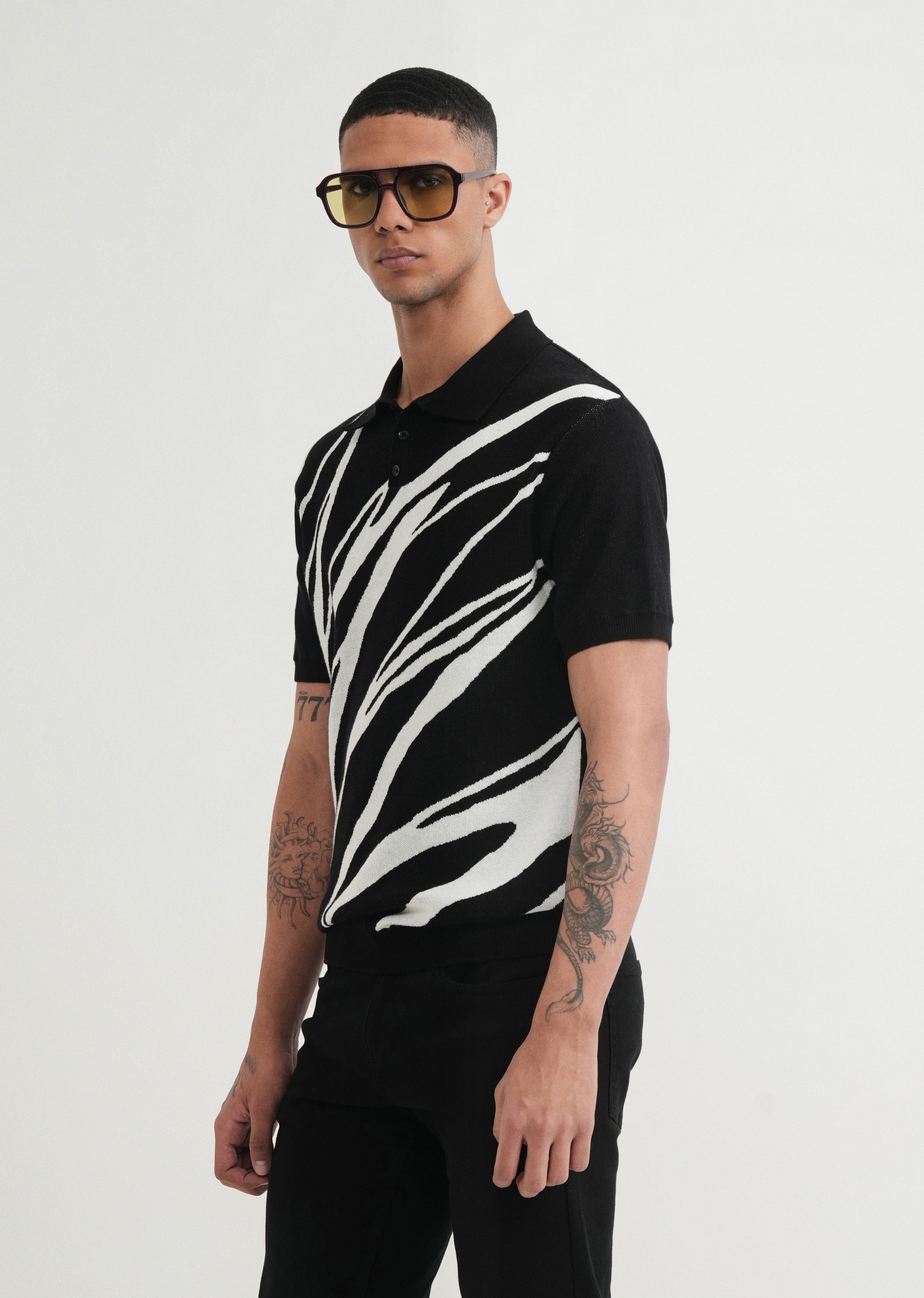 Black Jacquard Knitted Polo