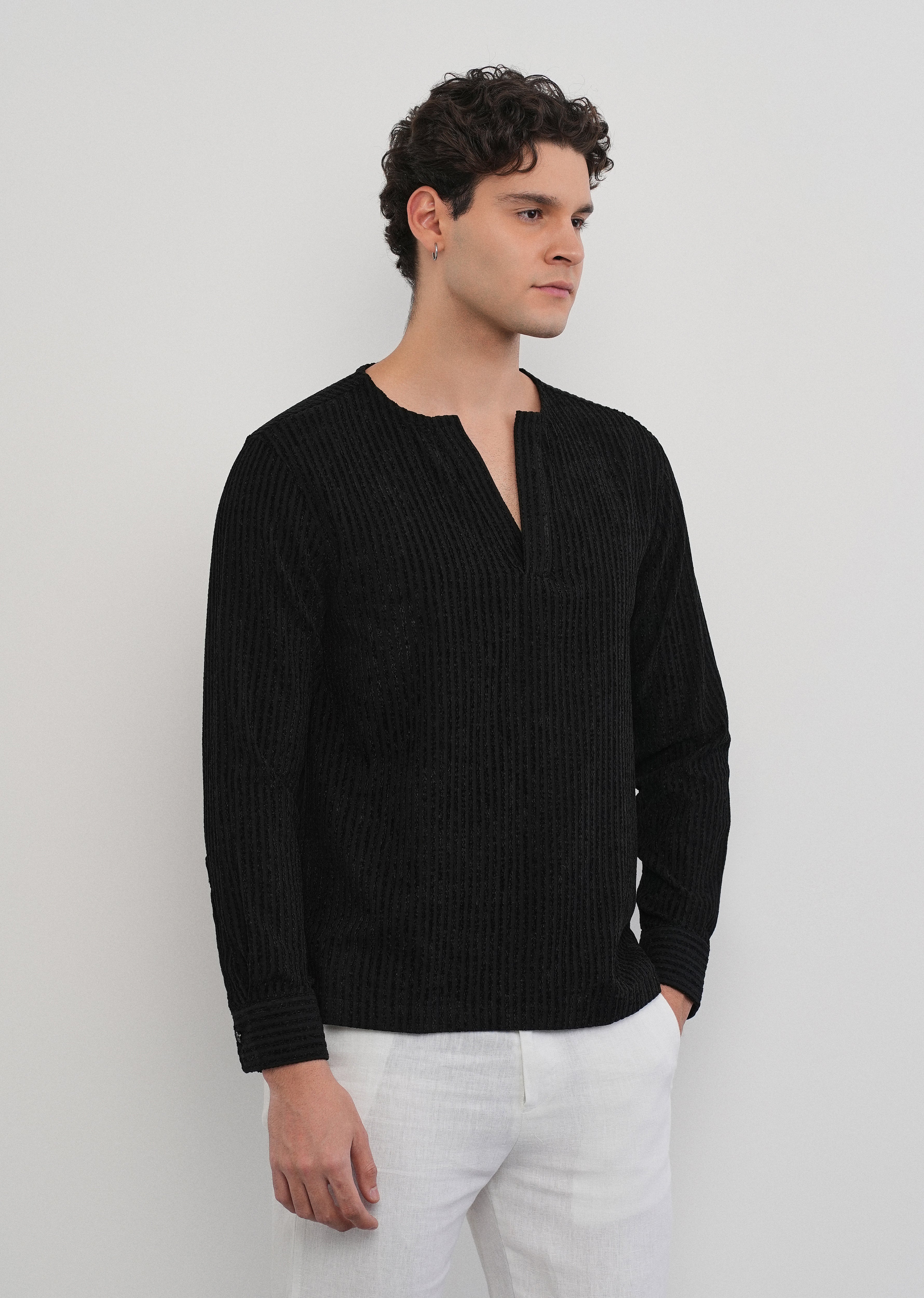Black Jacquard Stripe Short Kurta