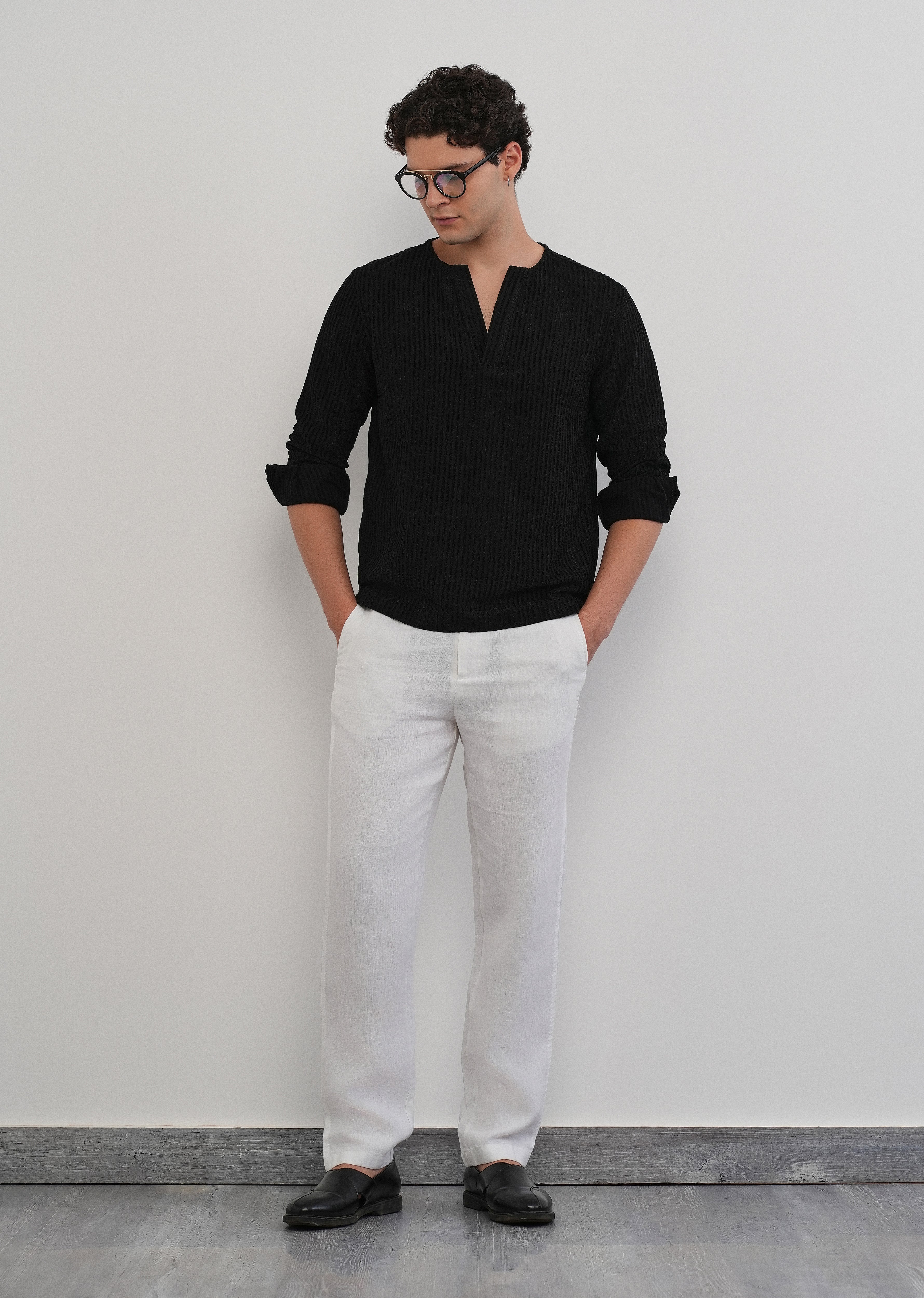 Black Jacquard Stripe Short Kurta