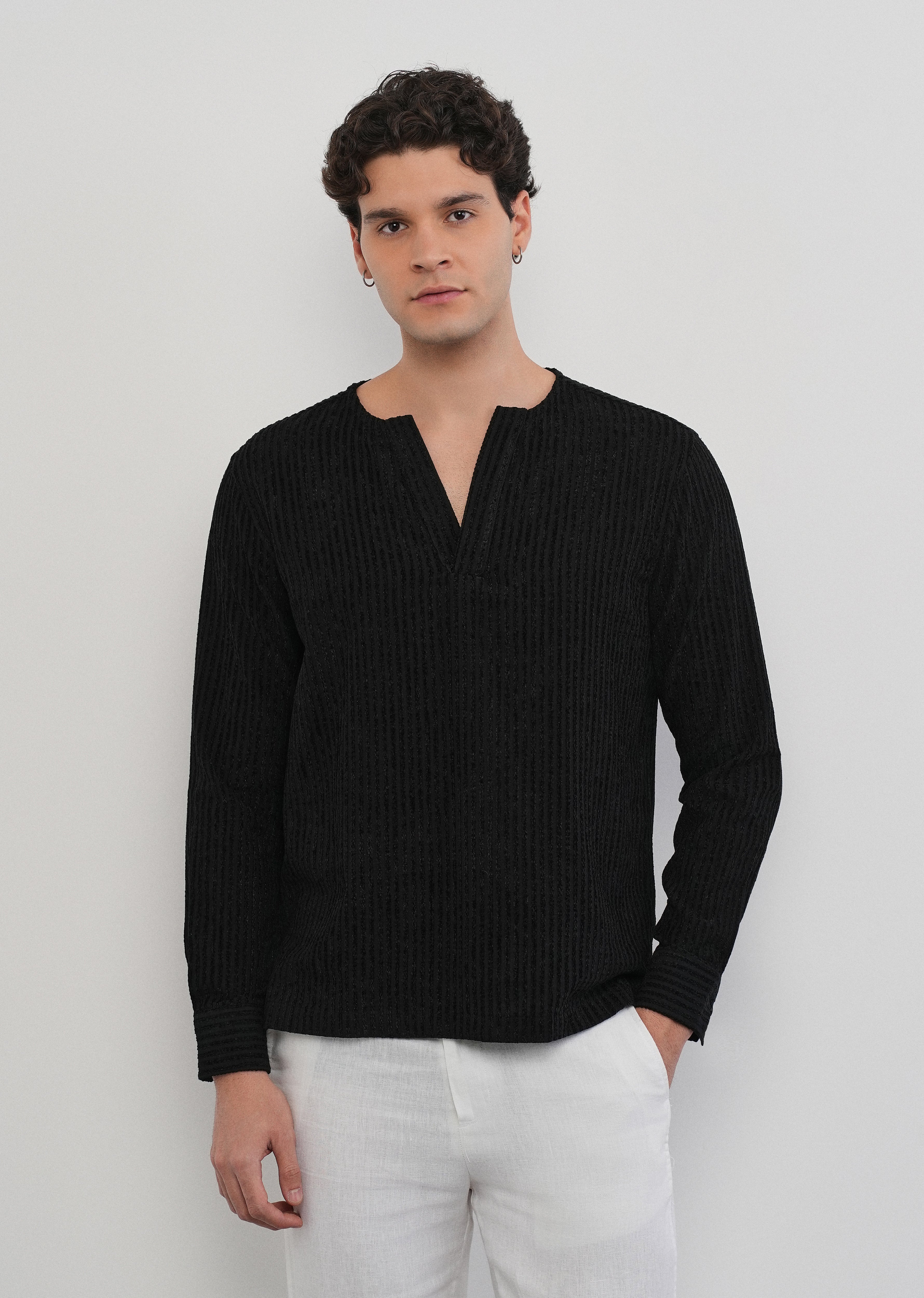 Black Jacquard Stripe Short Kurta