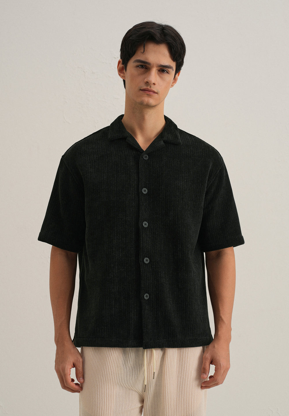 Black Suede Knit Cuban Collar Shirt