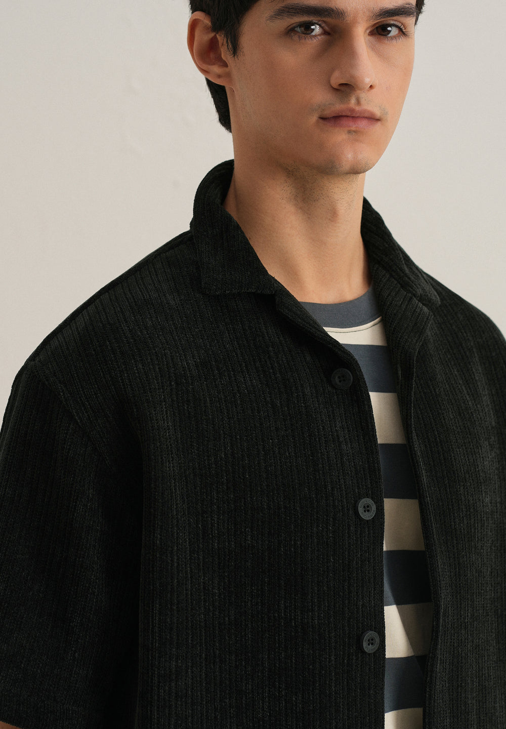 Black Suede Knit Cuban Collar Shirt