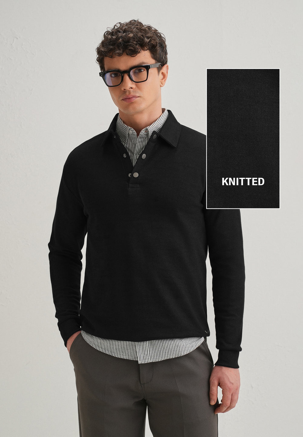 Black Knitted Polo Sweatshirt