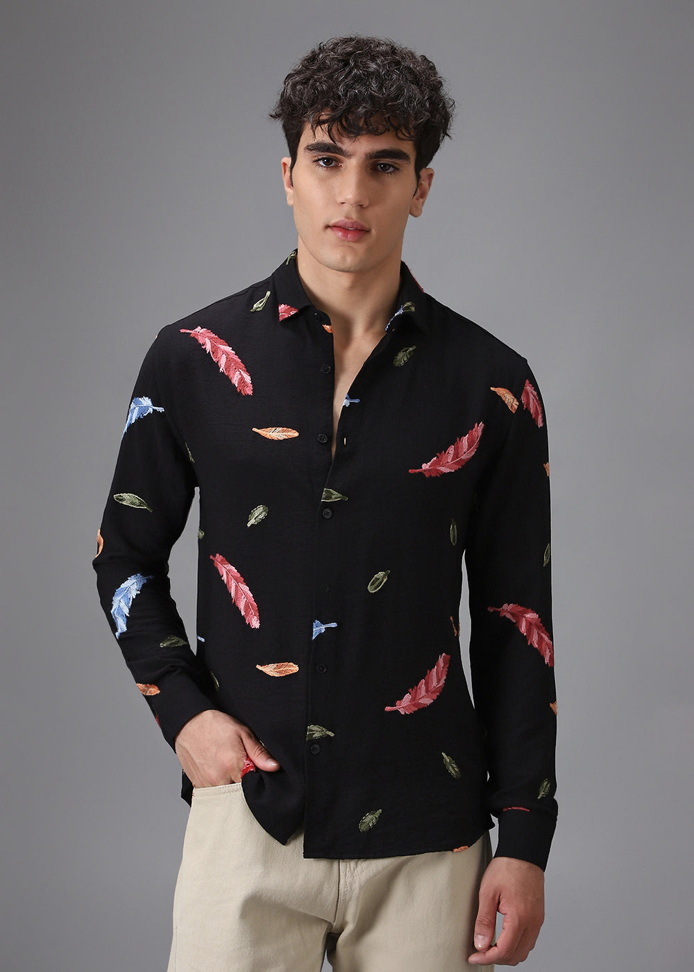 Black Leaf Embroidery Shirt