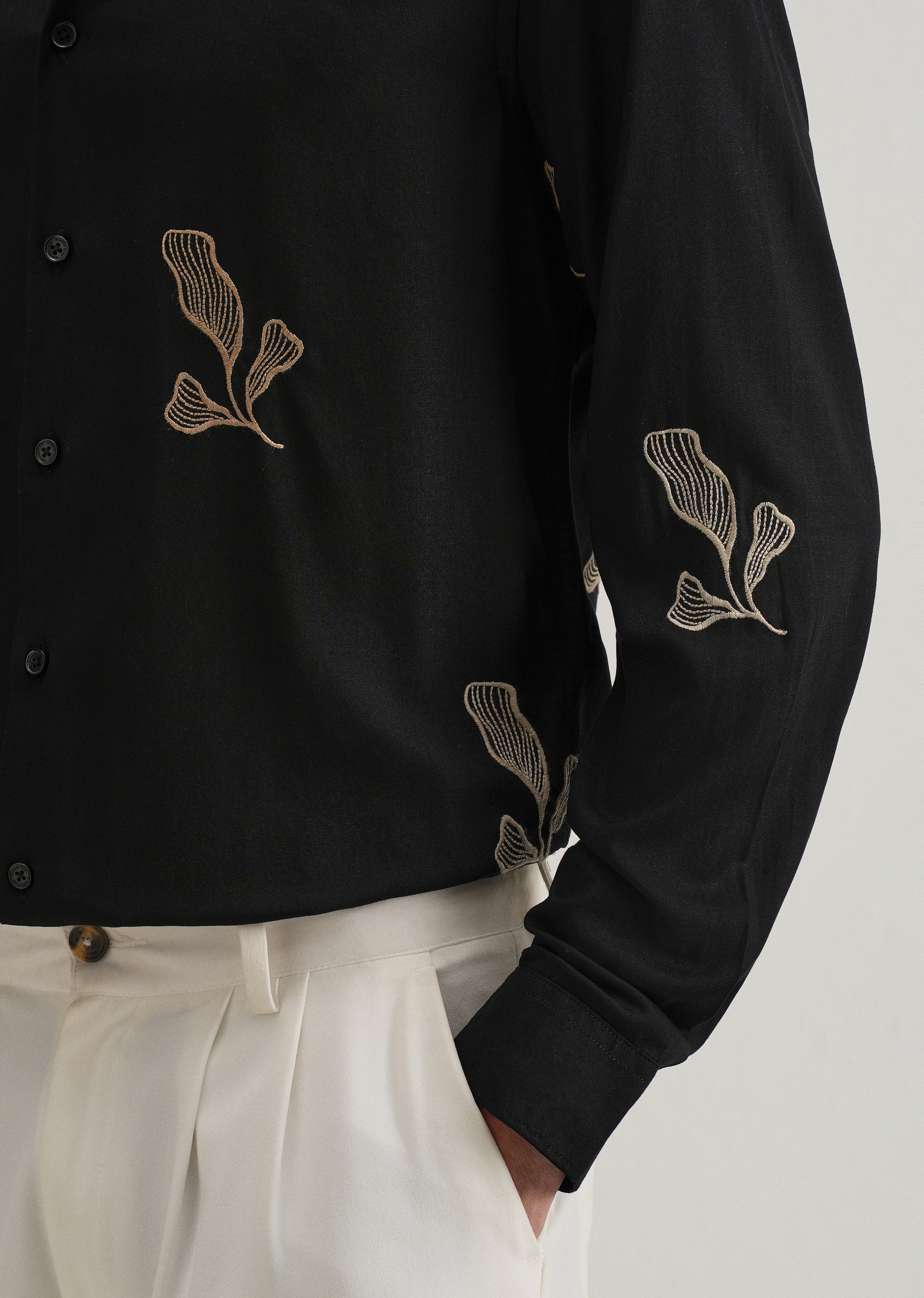 Black Leaf Motif Embroidery Shirt