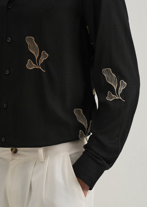 Black Leaf Motif Embroidery Shirt