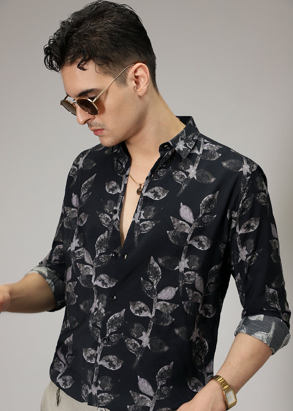 Black Leaf Print Shirt