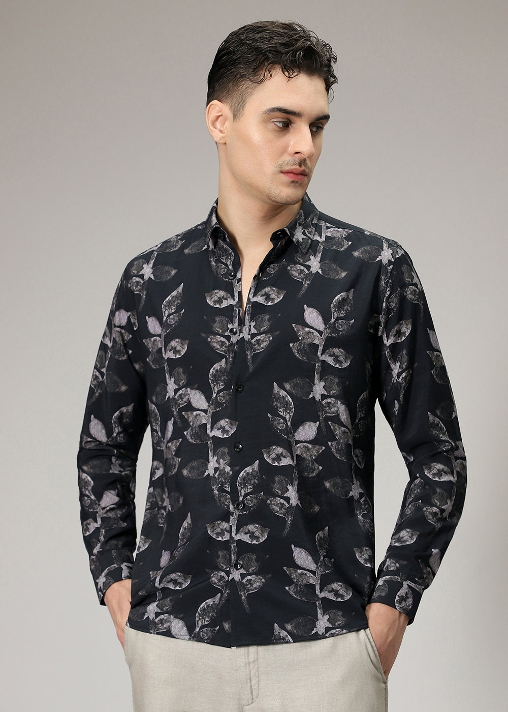 Black Leaf Print Shirt