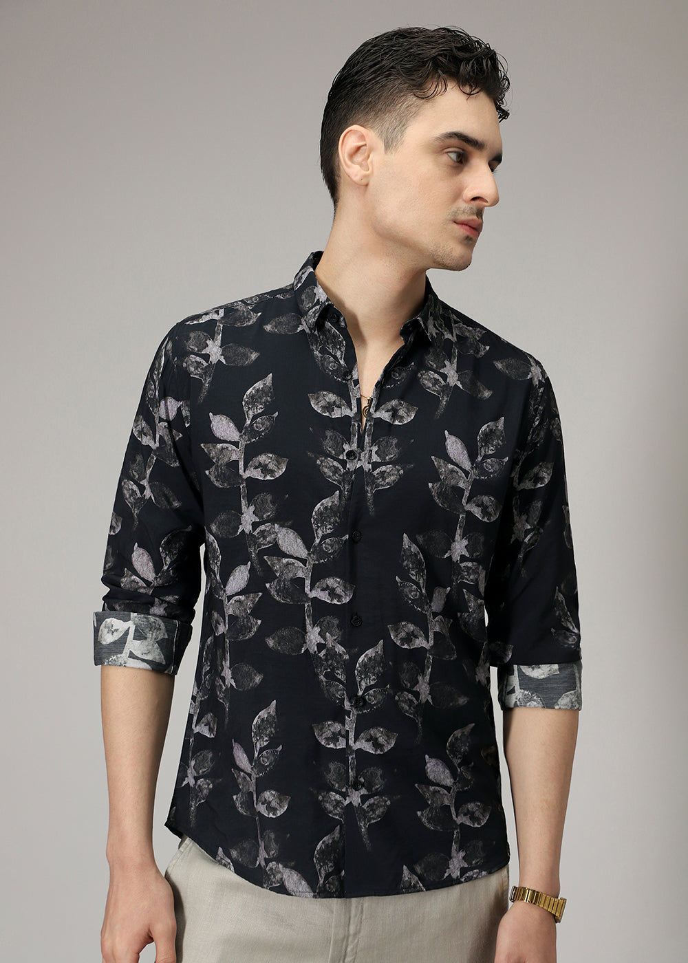 Black Leaf Print Shirt