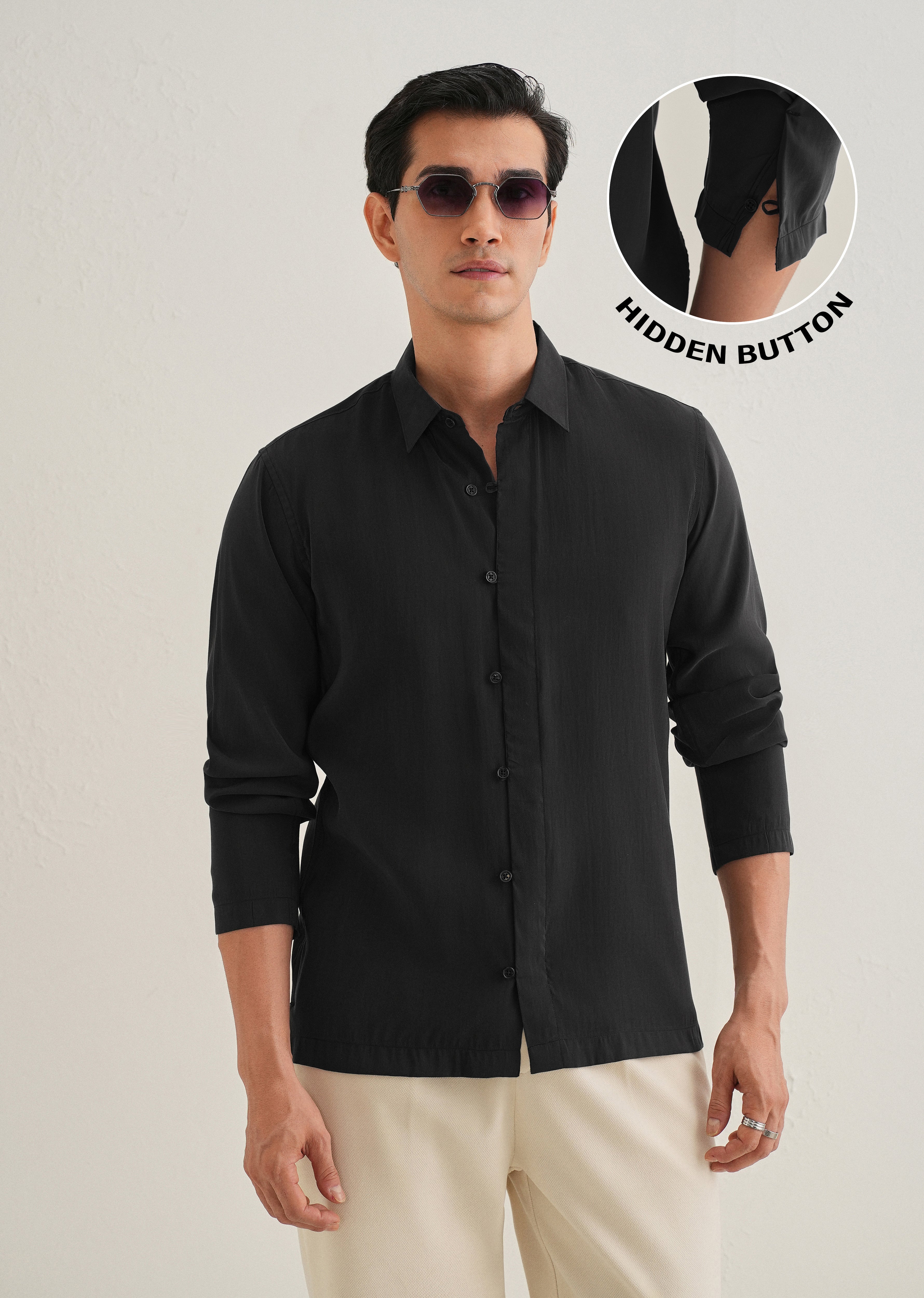 Black Loop Button-Down Plain Shirt