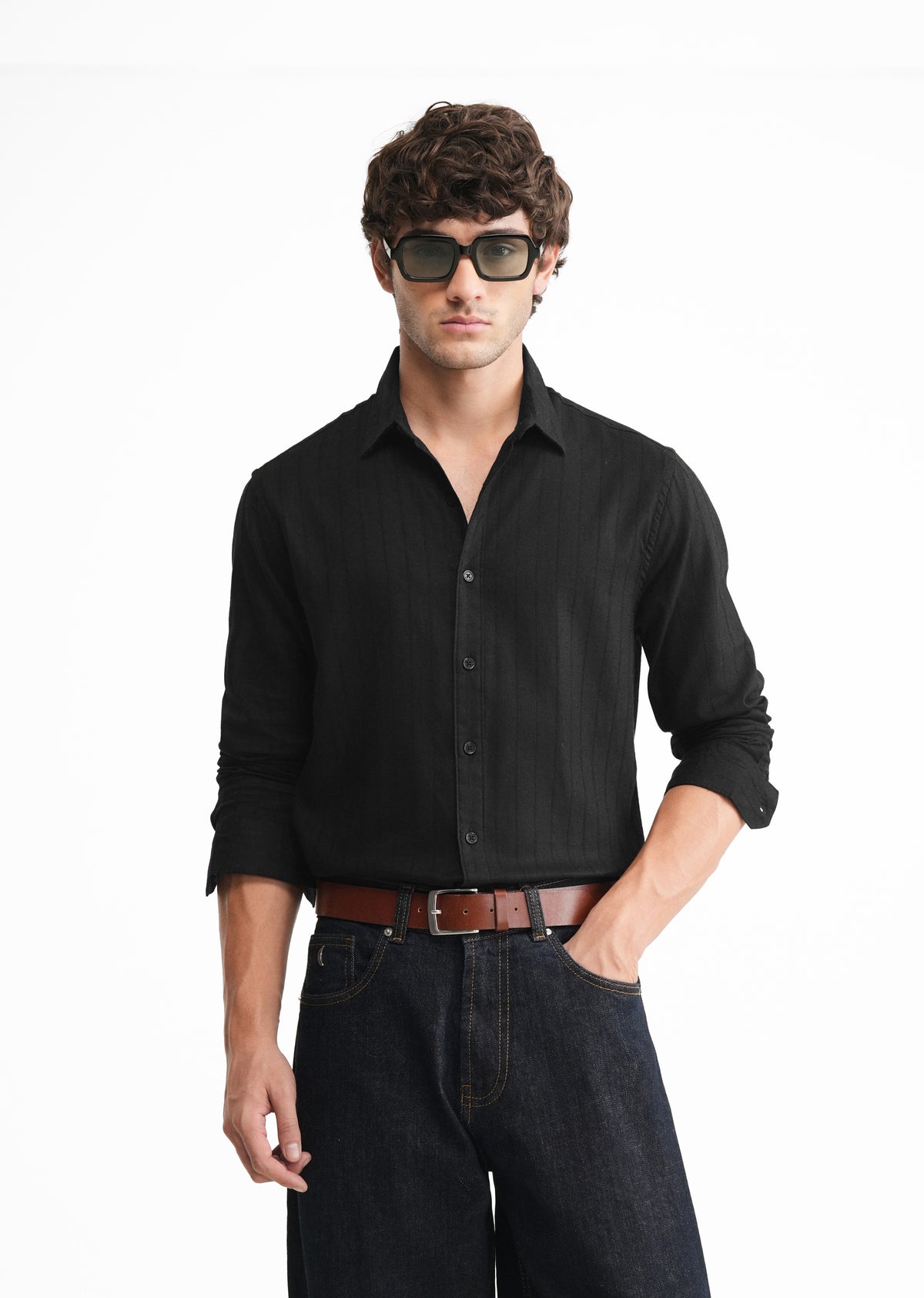 Black Lyocell Cotton Self-Stripe Shirt