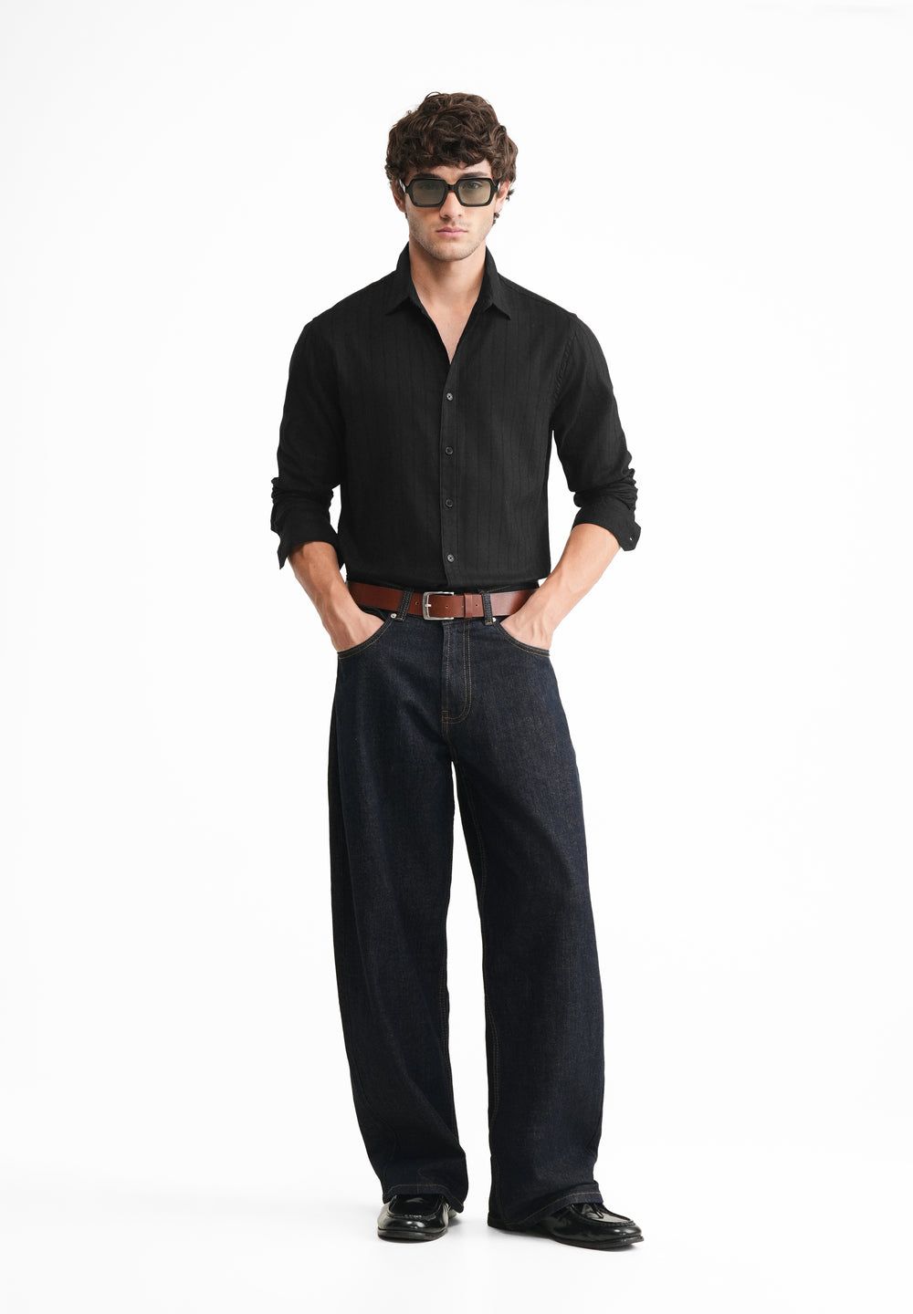 Black Lyocell Cotton Self-Stripe Shirt