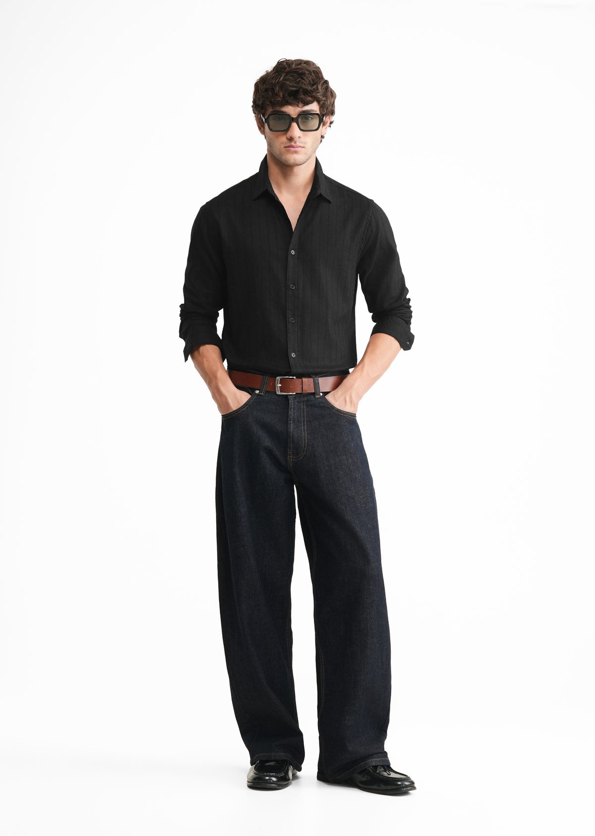 Black Lyocell Cotton Self-Stripe Shirt