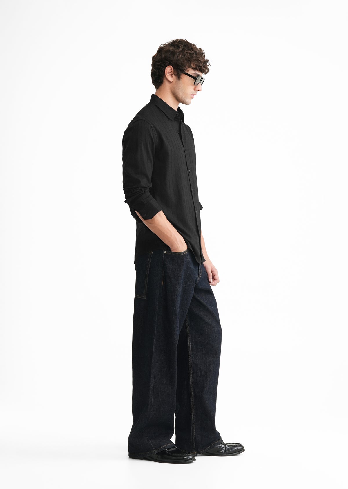 Black Lyocell Cotton Self-Stripe Shirt