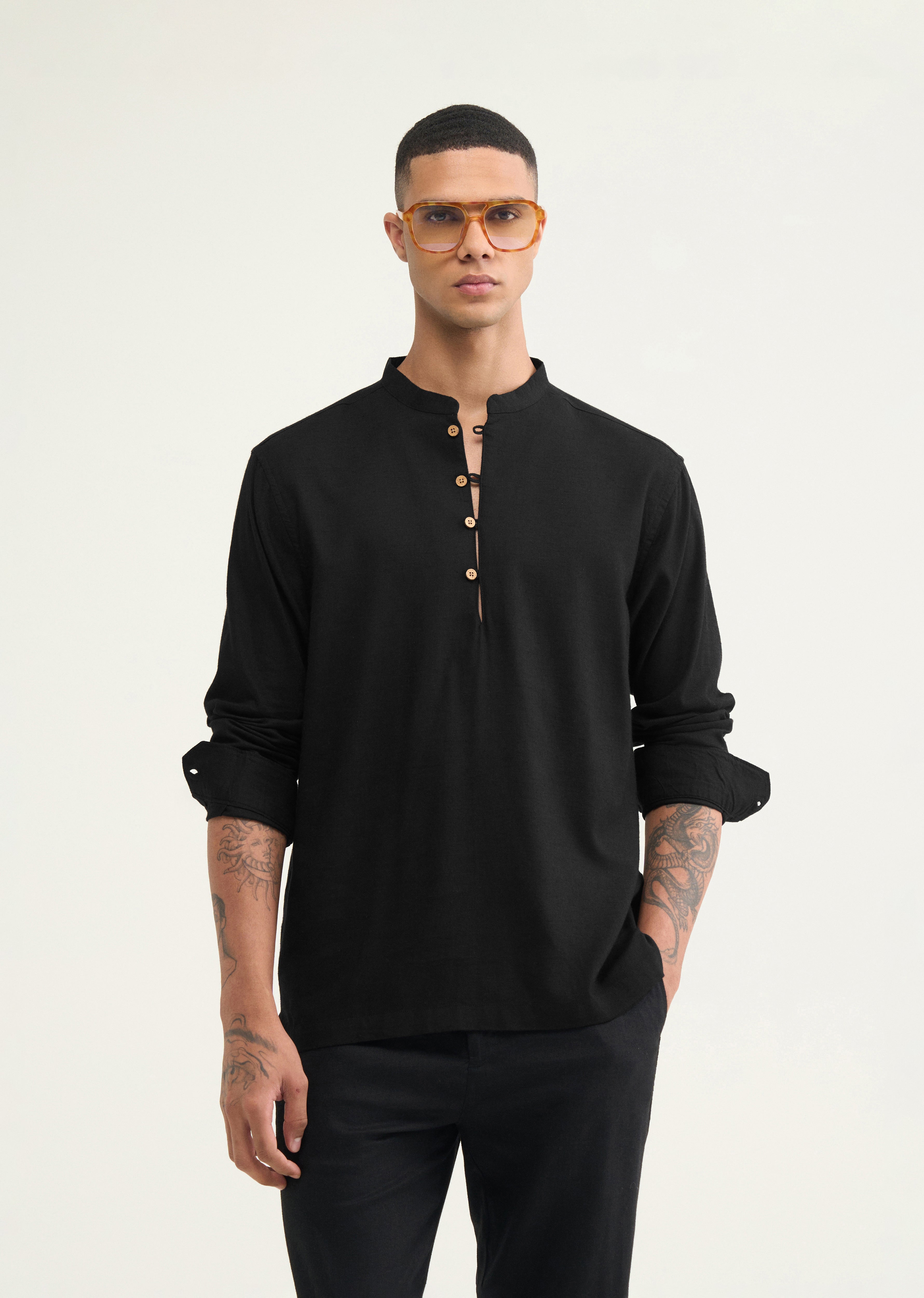 Black Mandarin Collar Kurta Shirt