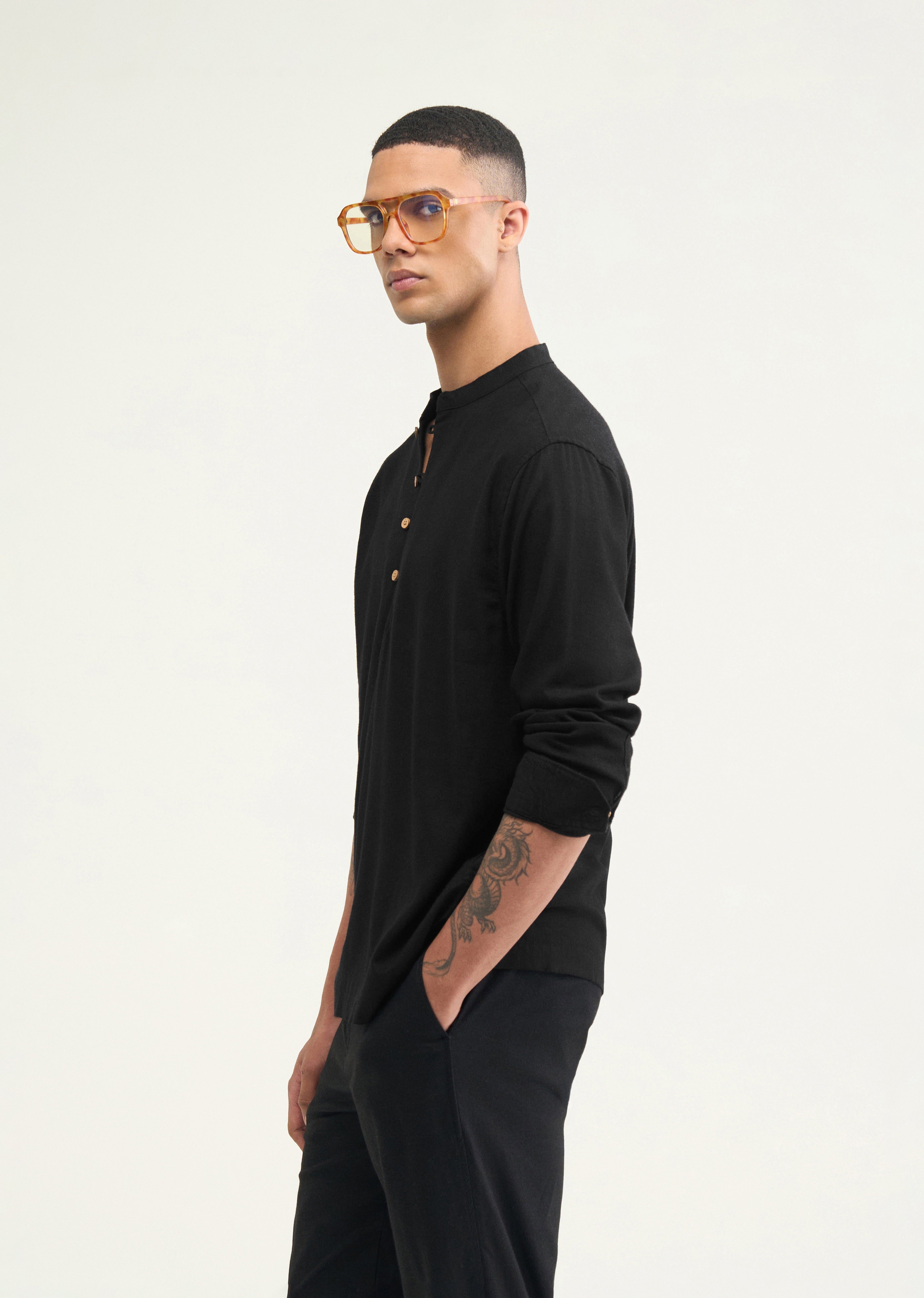 Black Mandarin Collar Kurta Shirt