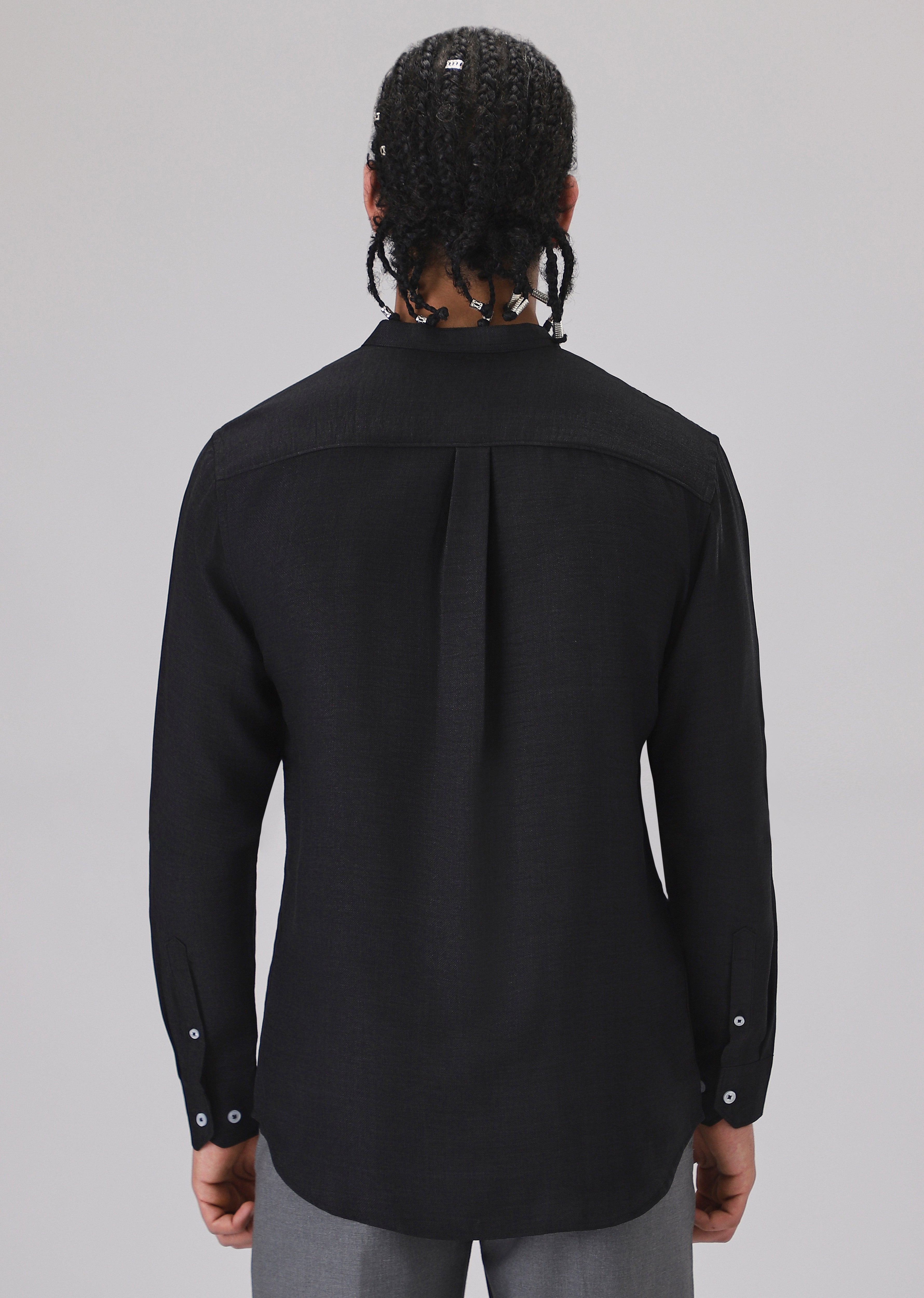 Black Plain Mandarin Collar Shirt