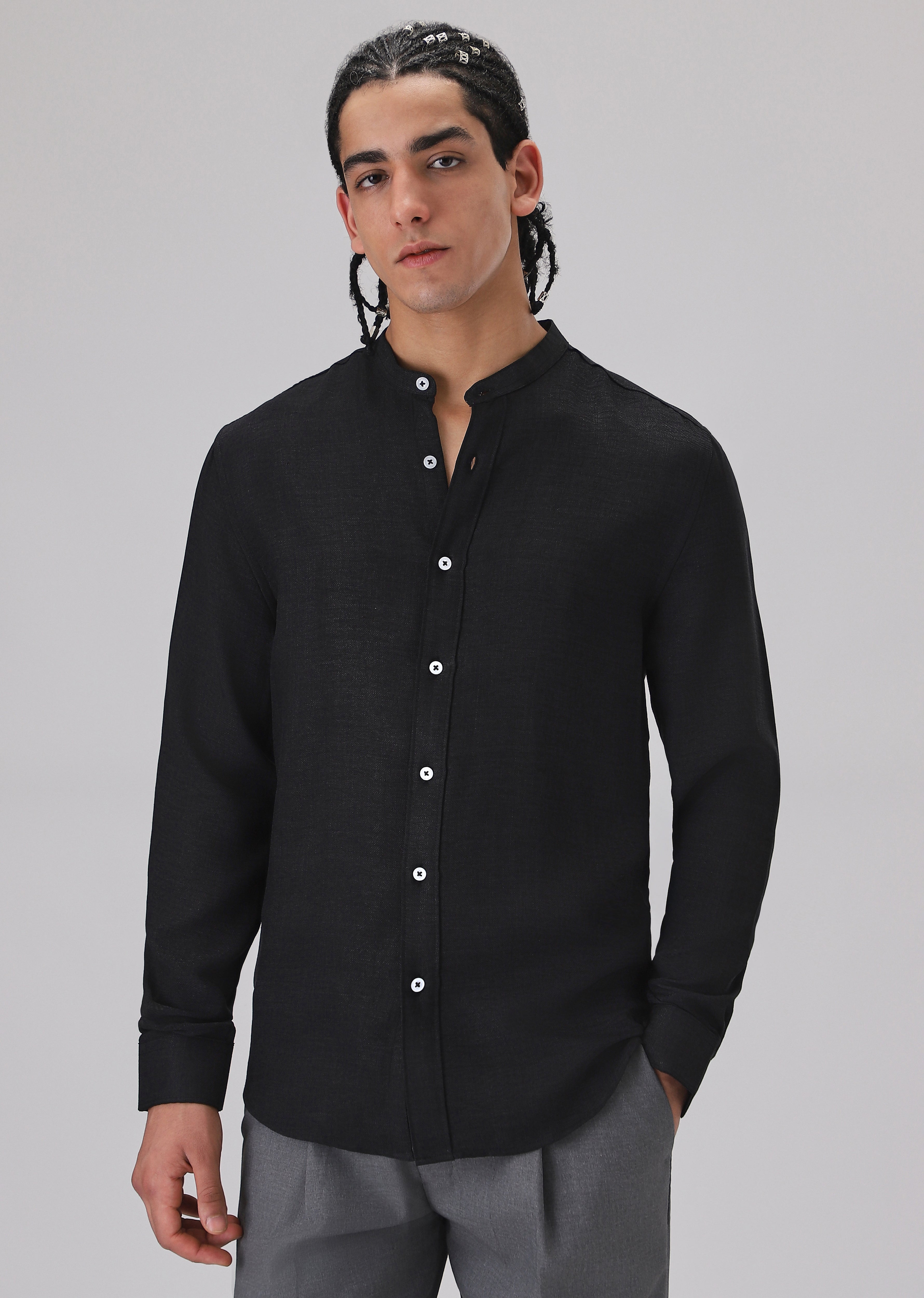 Black Plain Mandarin Collar Shirt