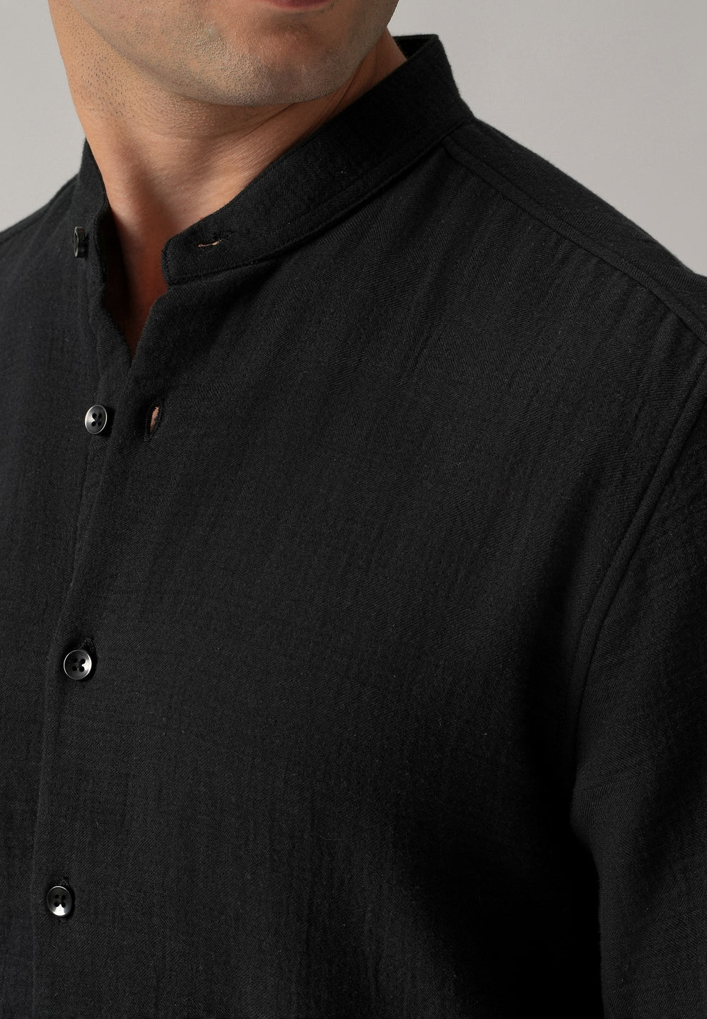 Black Plain Mandarin Collar Cotton Shirt