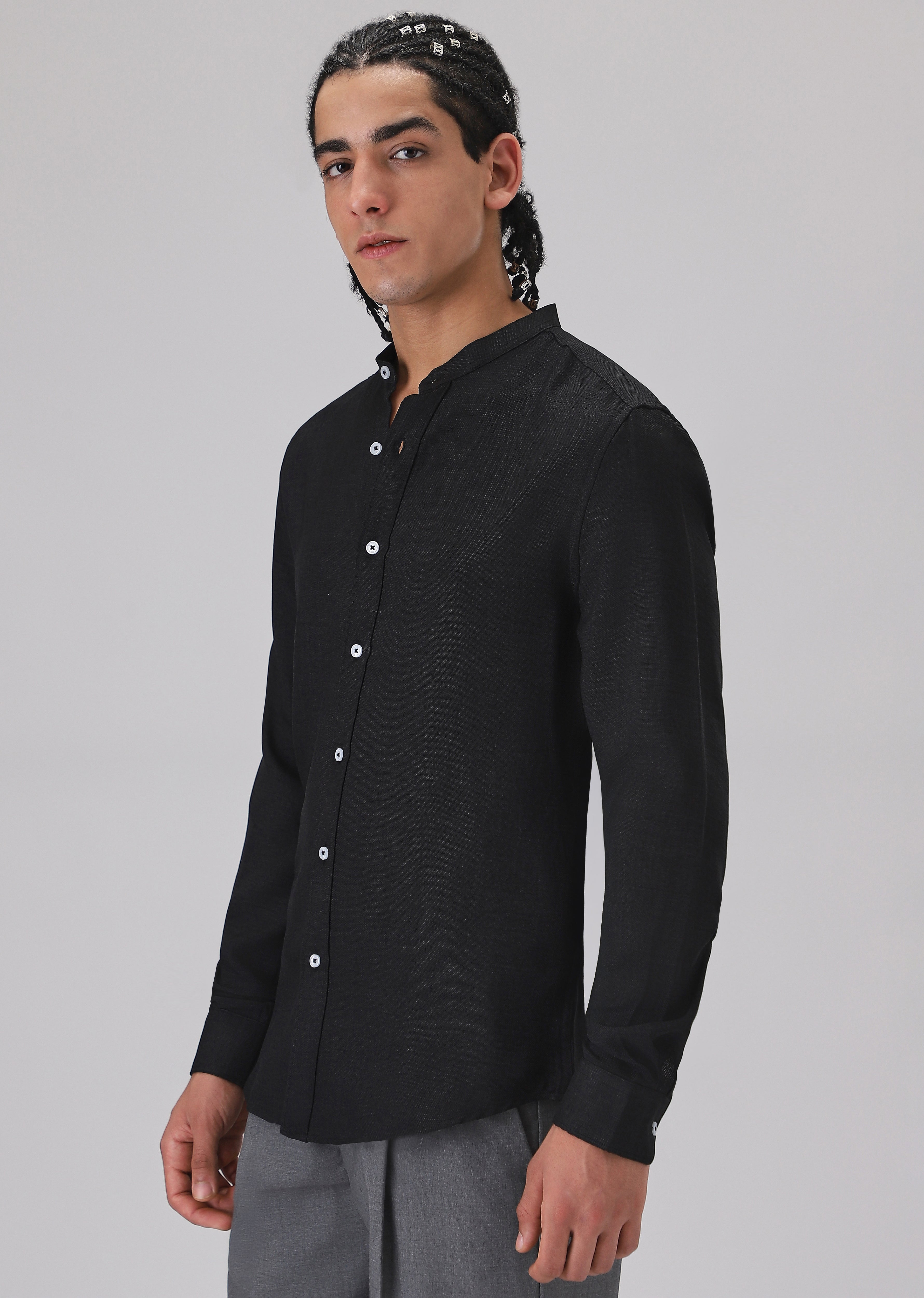 Black Plain Mandarin Collar Shirt