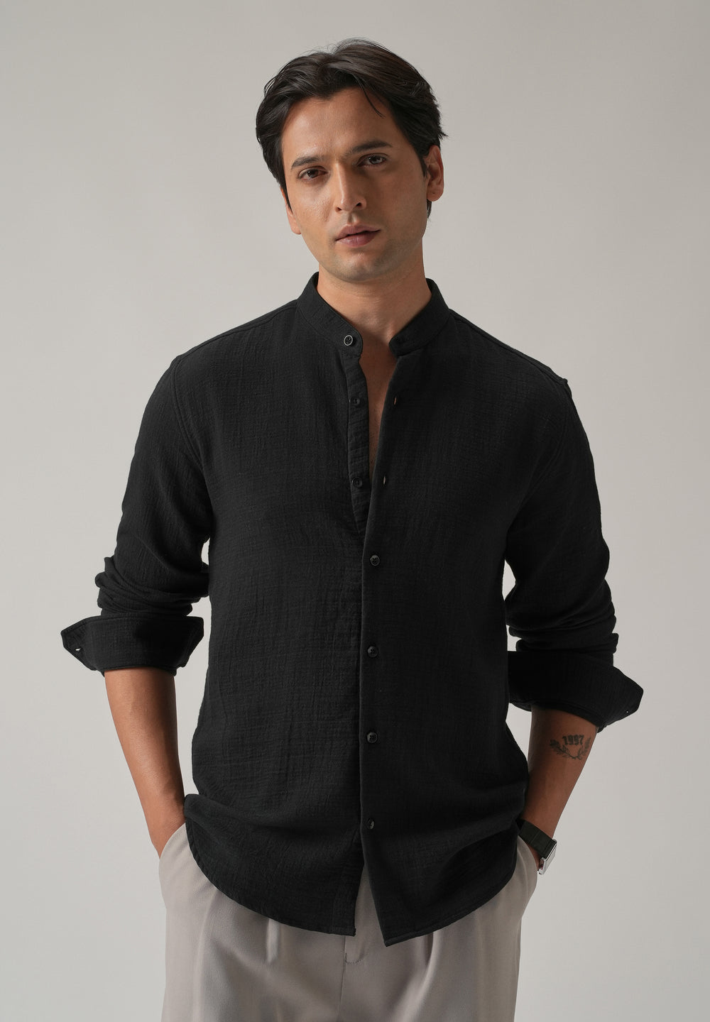 Black Plain Mandarin Collar Cotton Shirt
