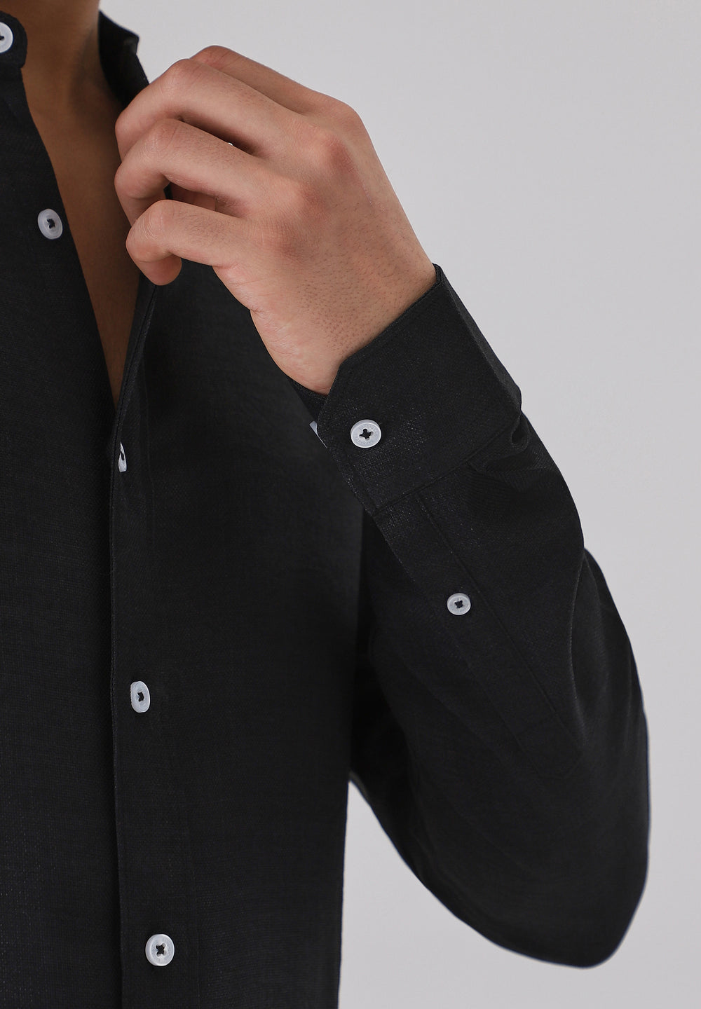 Black Plain Mandarin Collar Shirt