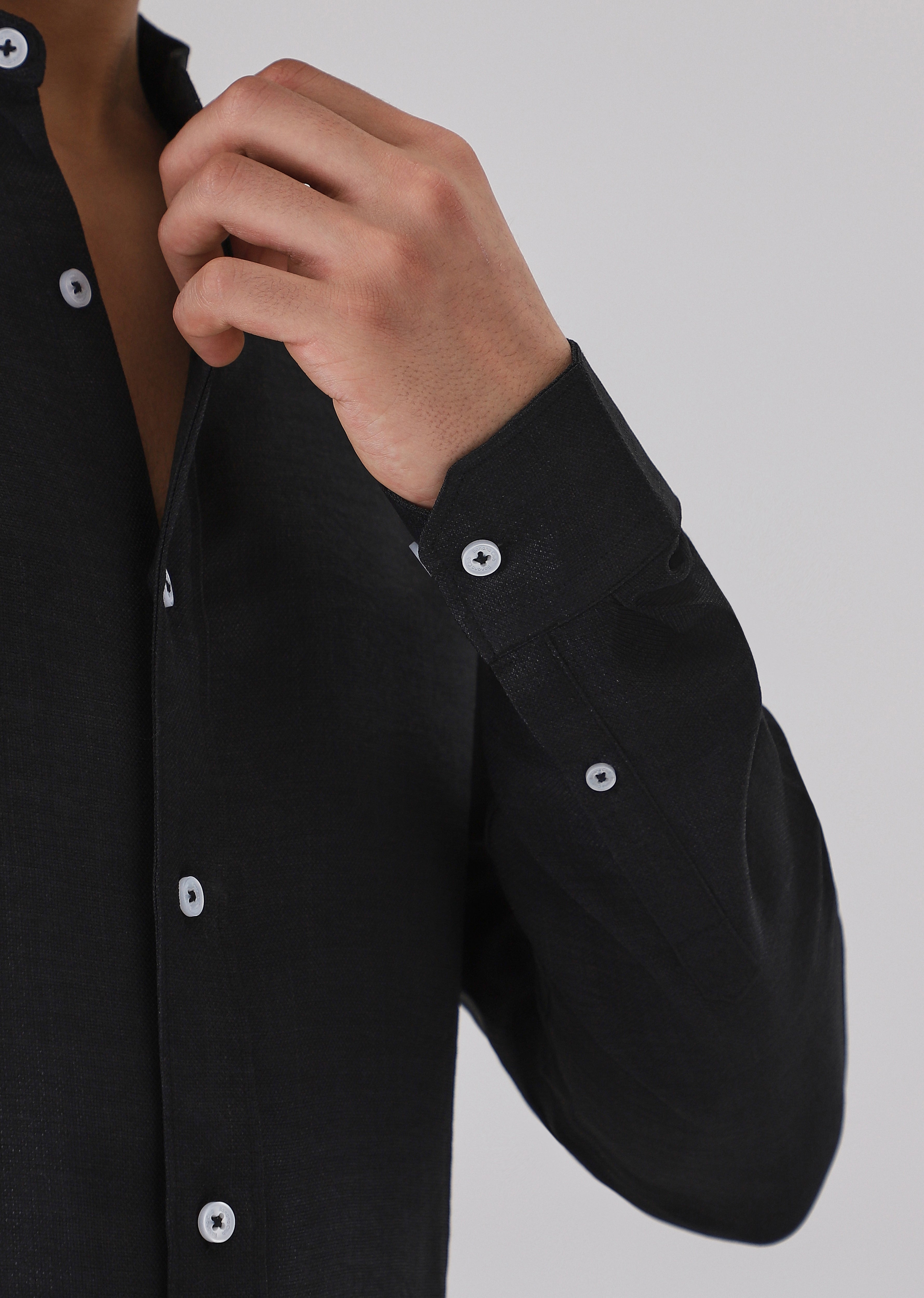 Black Plain Mandarin Collar Shirt