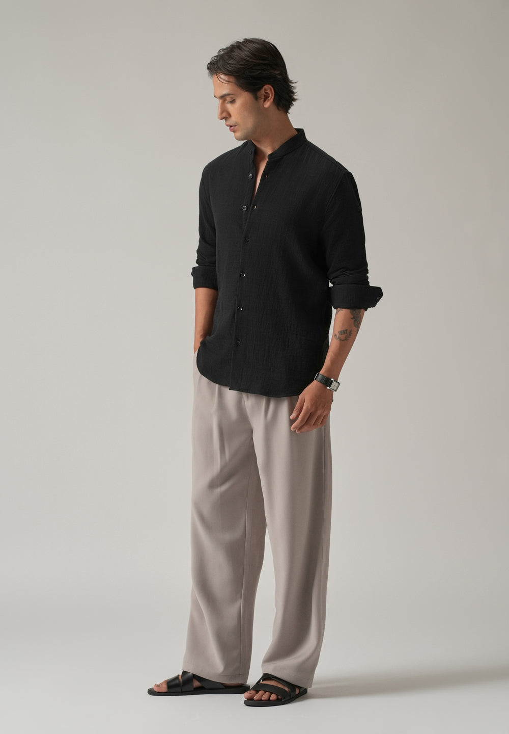 Black Plain Mandarin Collar Cotton Shirt