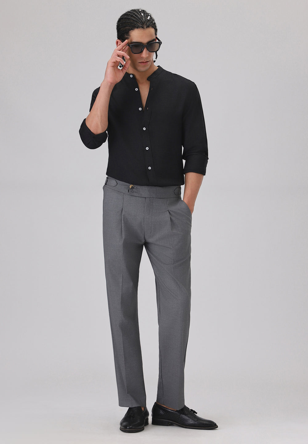 Black Plain Mandarin Collar Shirt