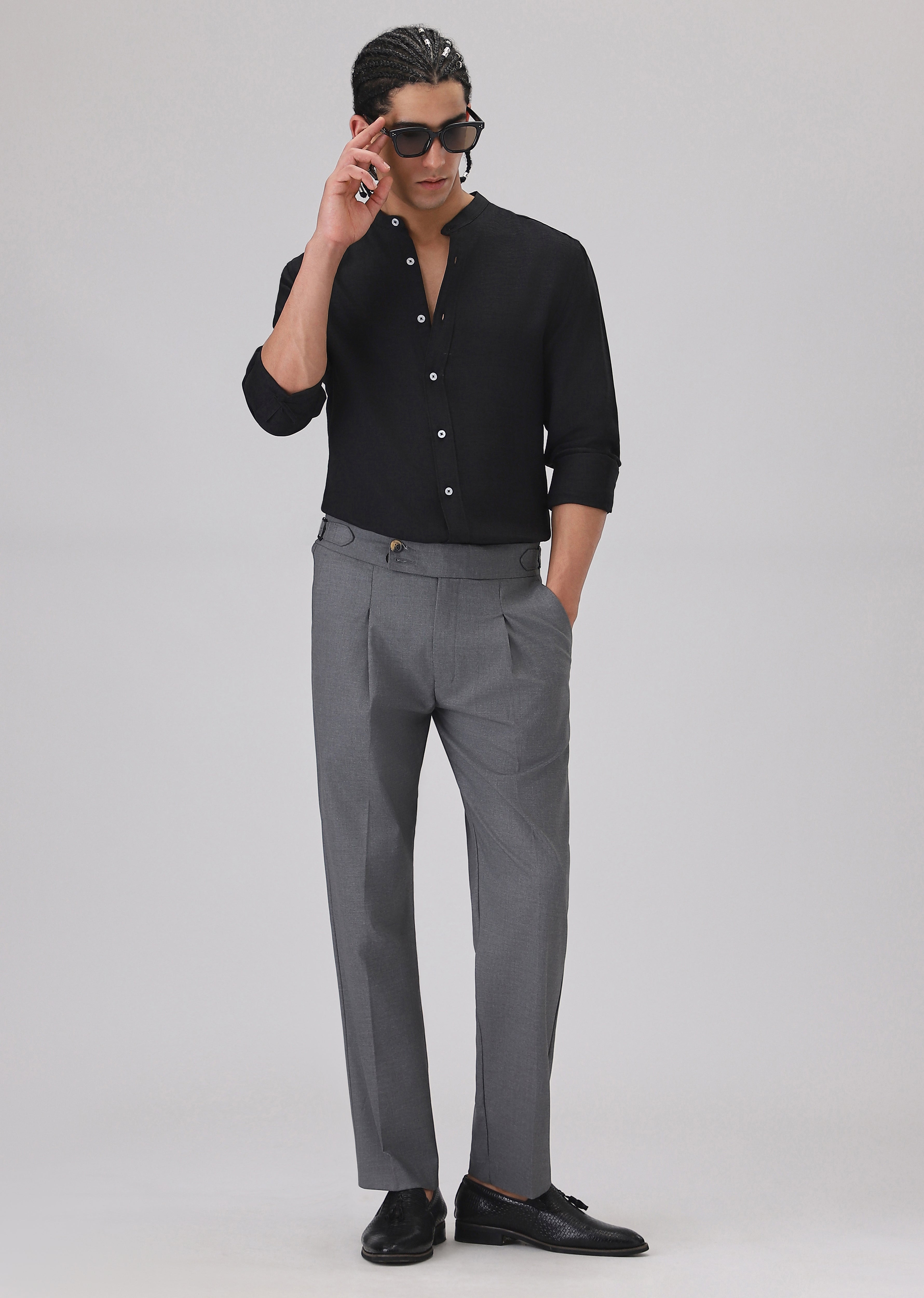 Black Plain Mandarin Collar Shirt