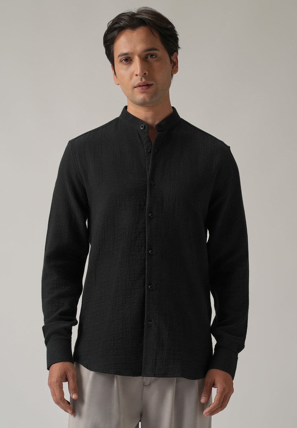 Black Plain Mandarin Collar Cotton Shirt