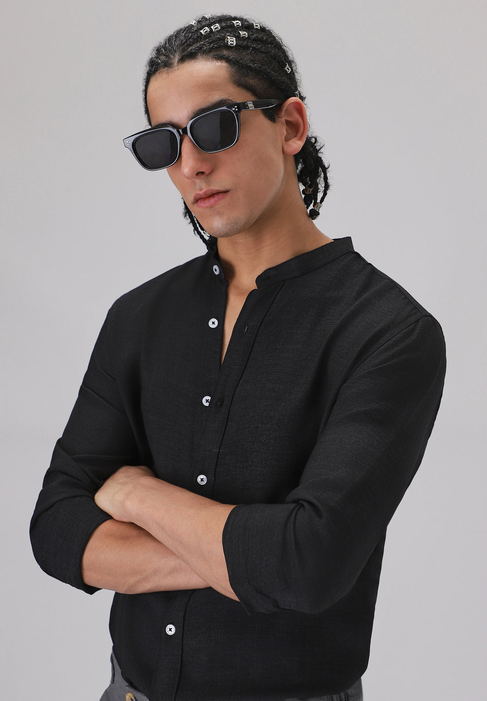 Black Plain Mandarin Collar Shirt