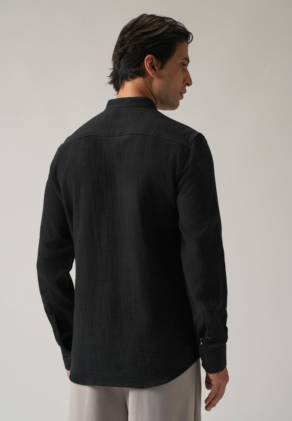 Black Plain Mandarin Collar Cotton Shirt