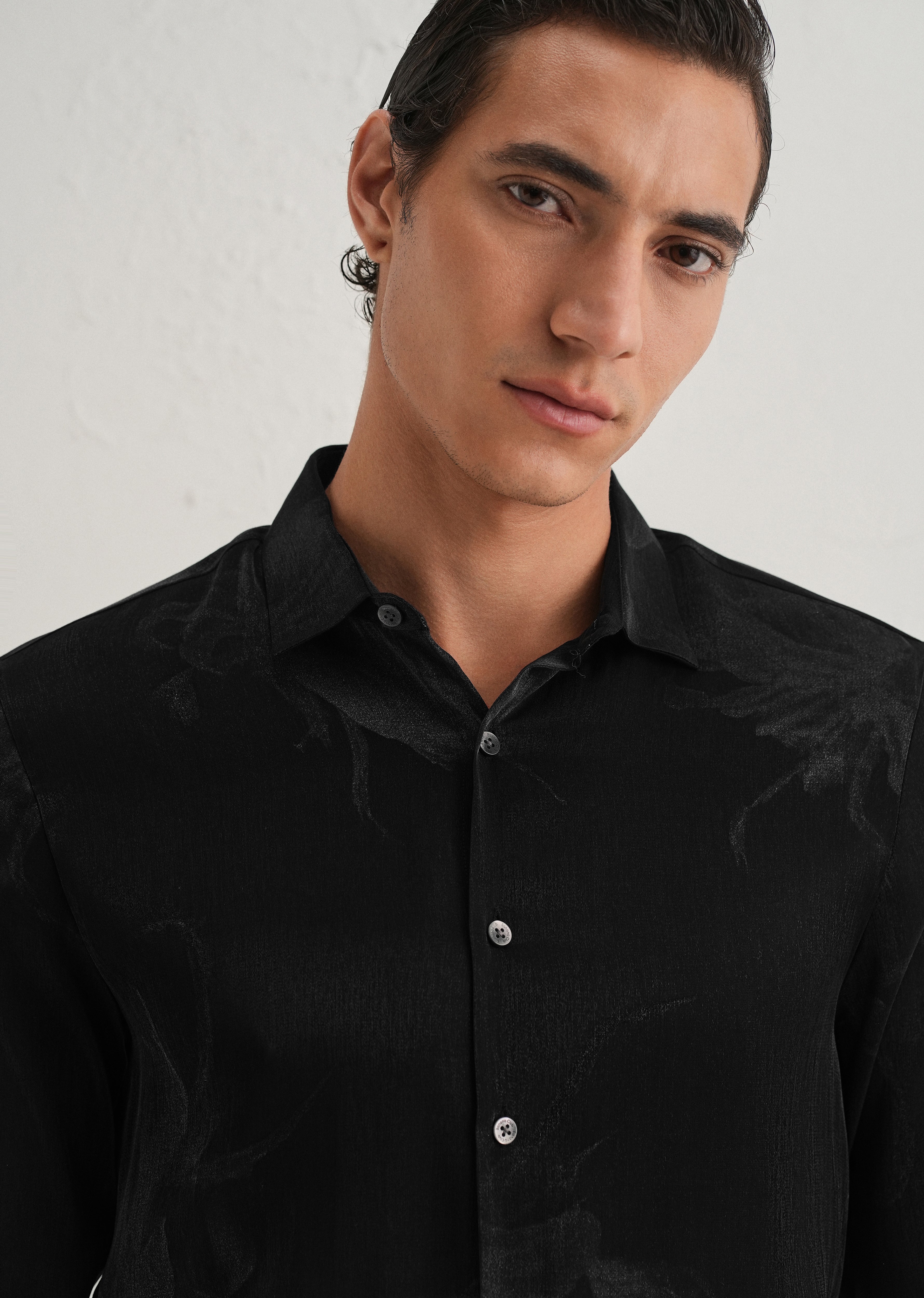 Black Metallic Sheen-Look Printed Shirt