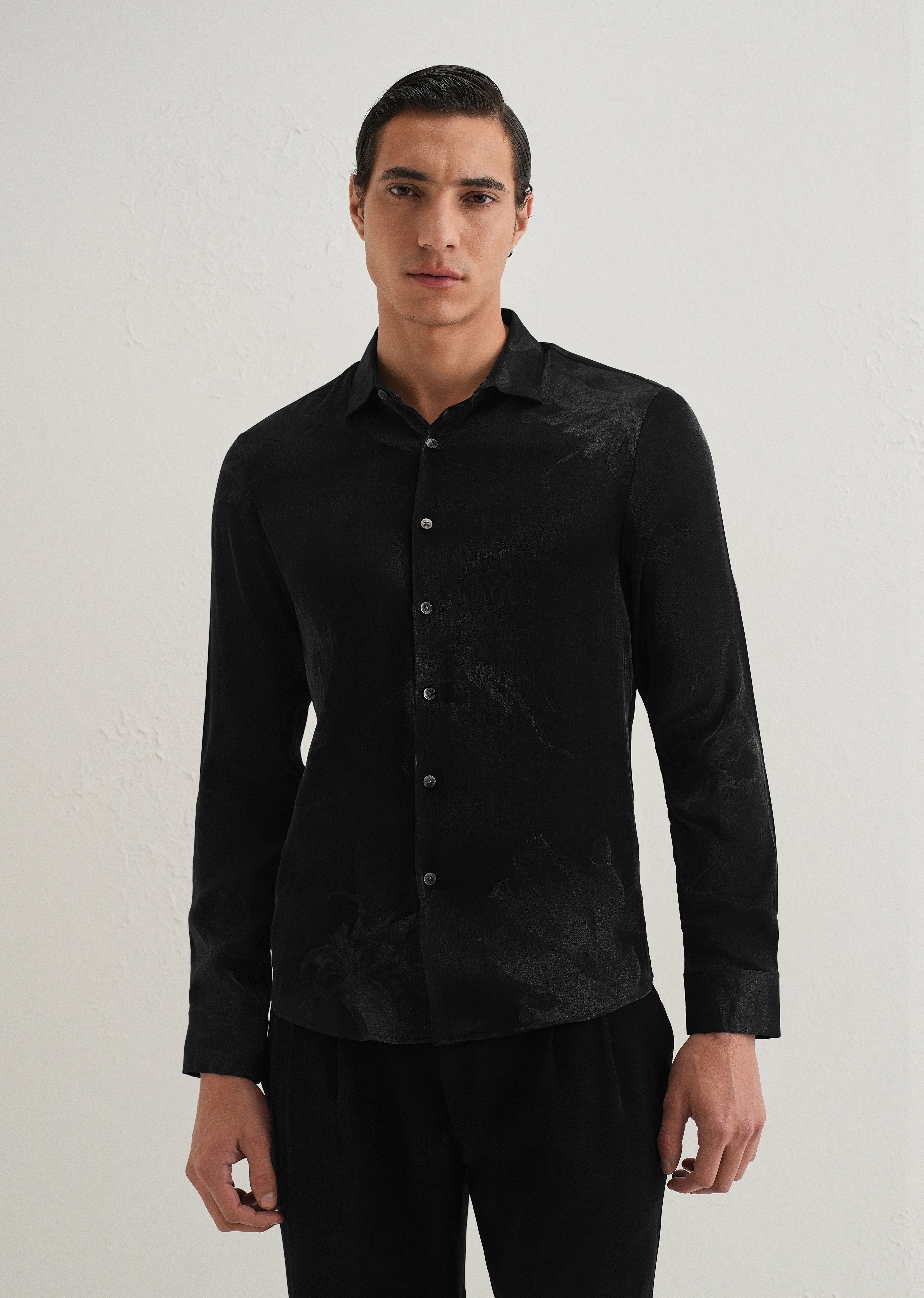 Black Metallic Sheen-Look Printed Shirt