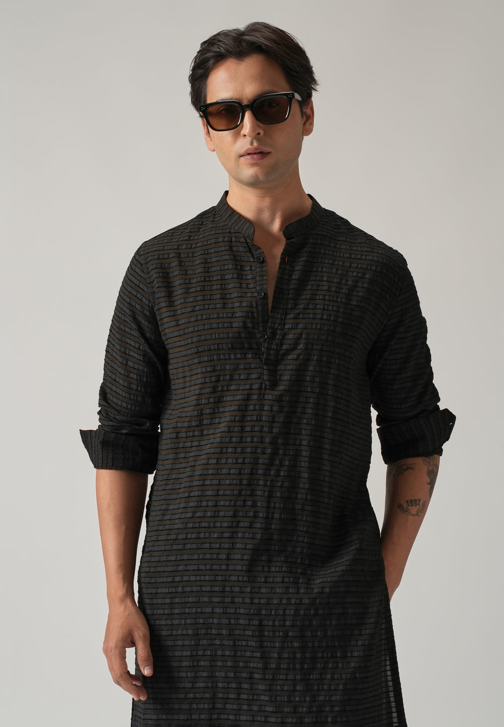 Black Nylon Pin Stripe Kurta