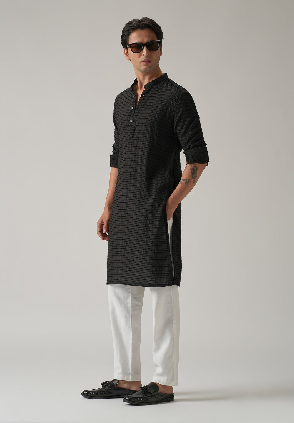 Black Nylon Pin Stripe Kurta