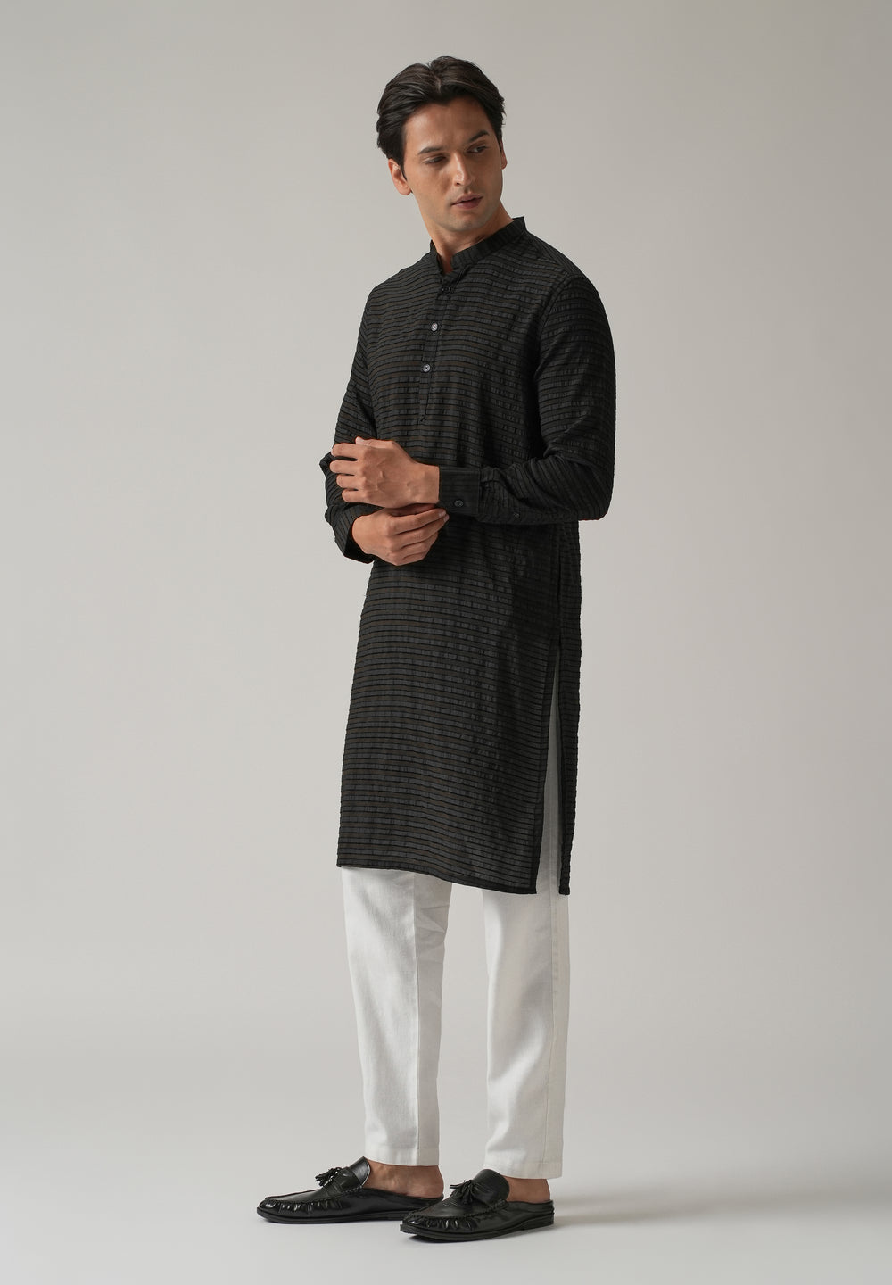 Black Nylon Pin Stripe Kurta