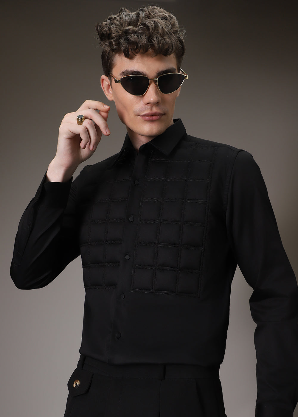 Black Padded Check Designer Shirt