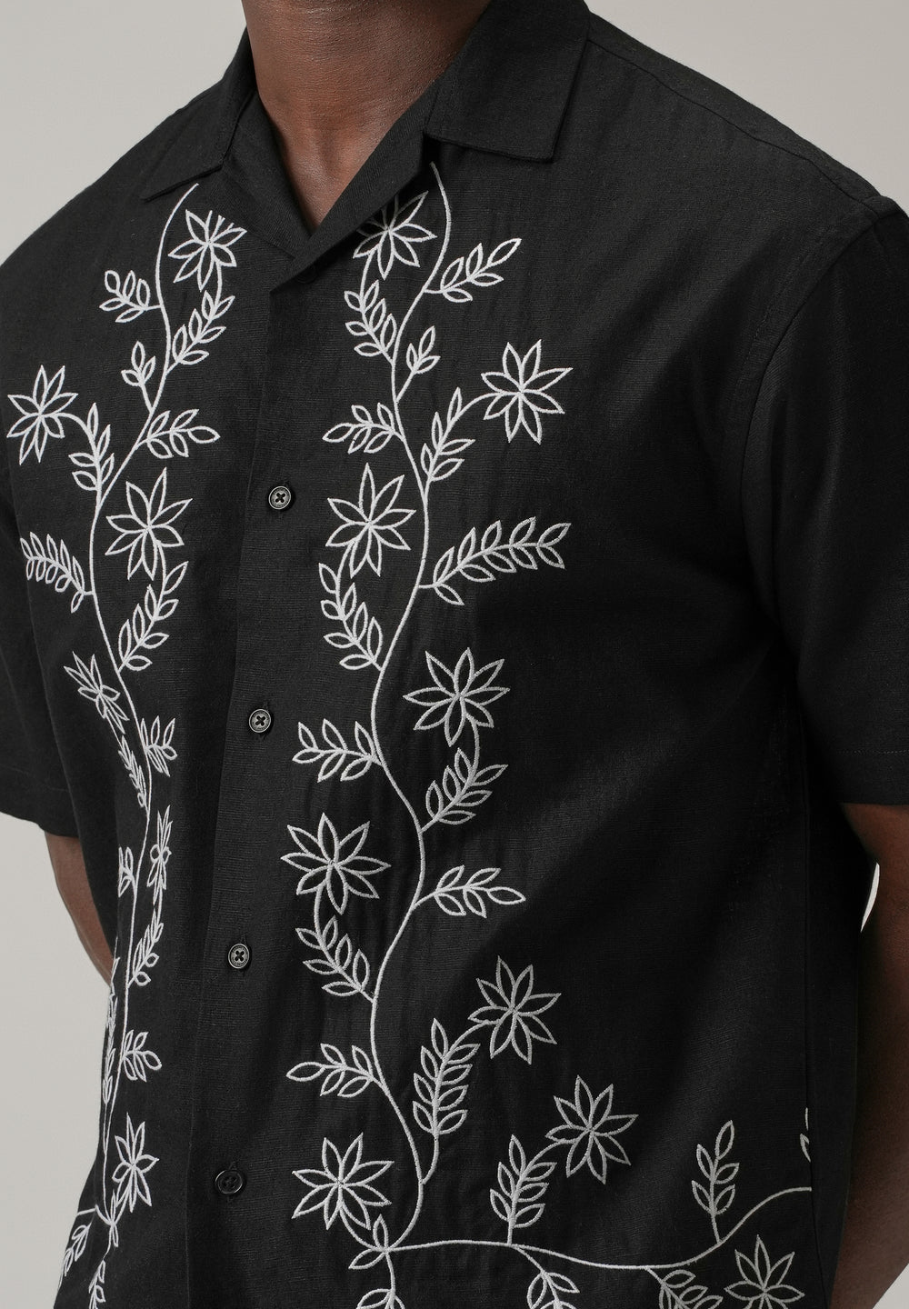 Black Pattern Embroidery Linen Shirt