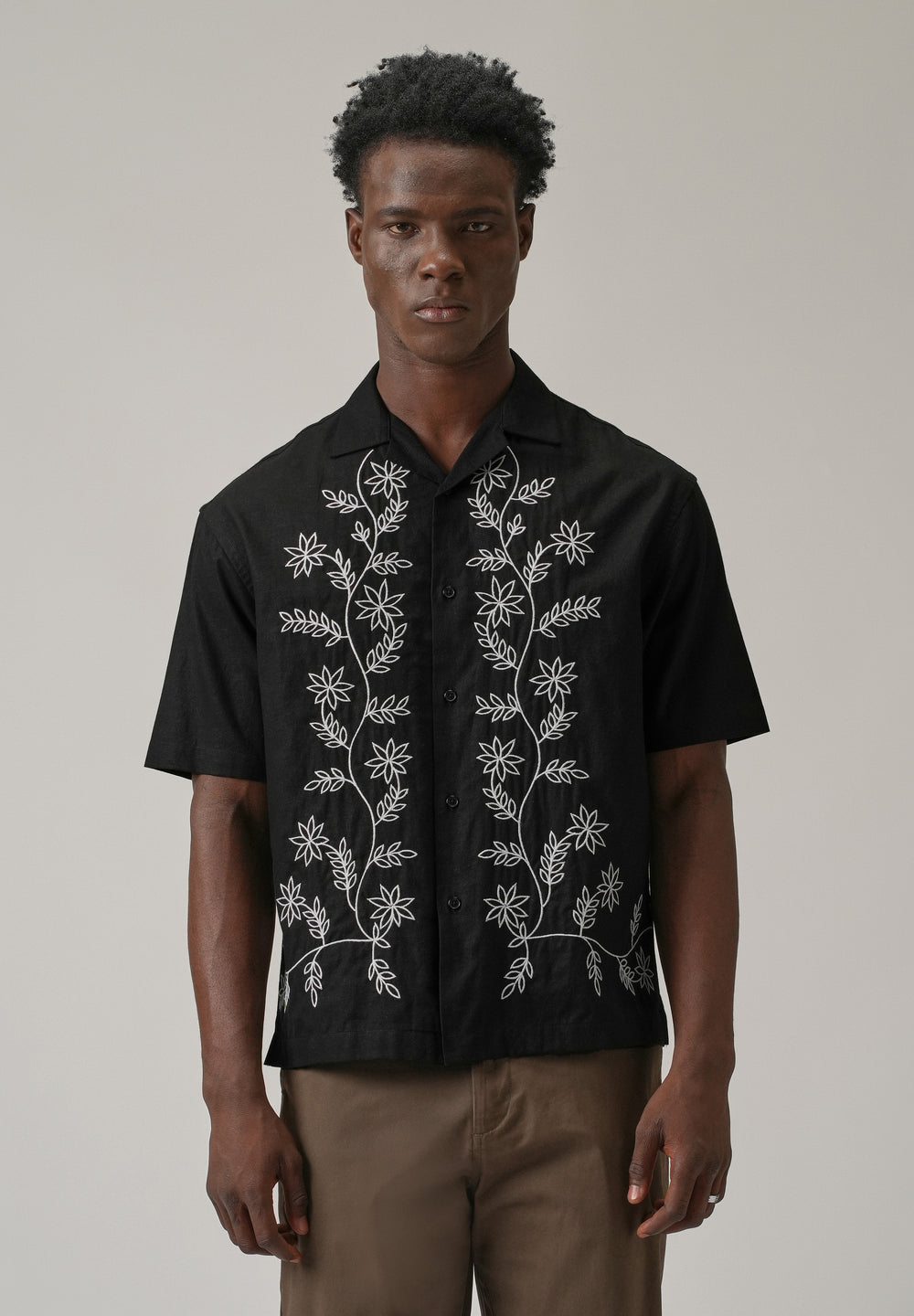 Black Pattern Embroidery Linen Shirt