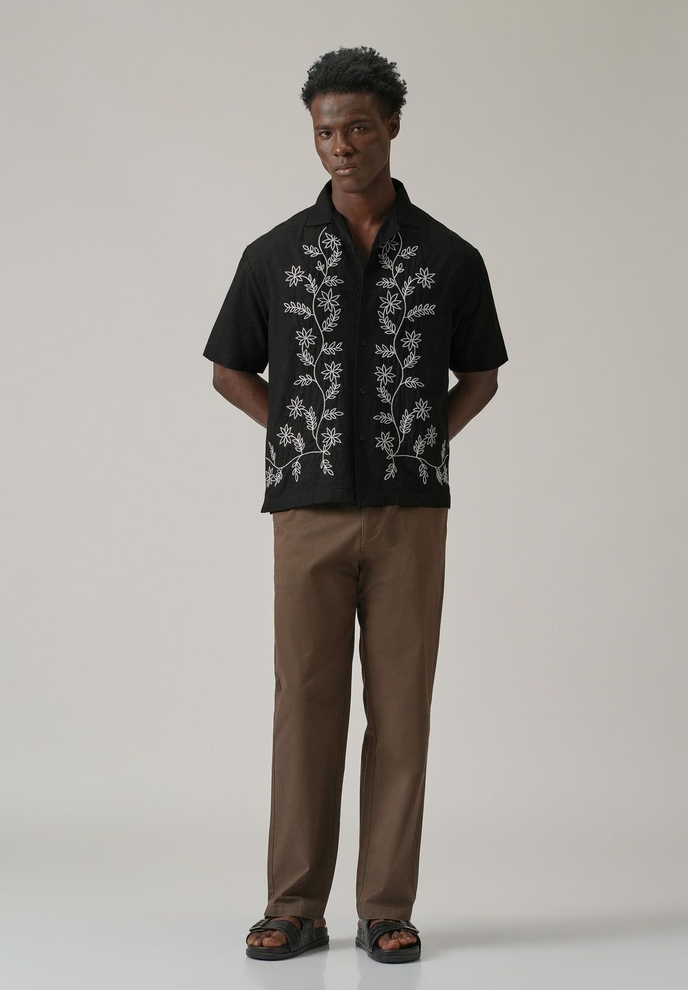 Black Pattern Embroidery Linen Shirt