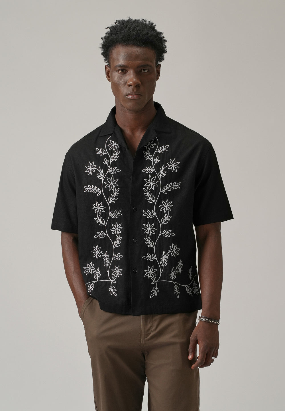 Black Pattern Embroidery Linen Shirt