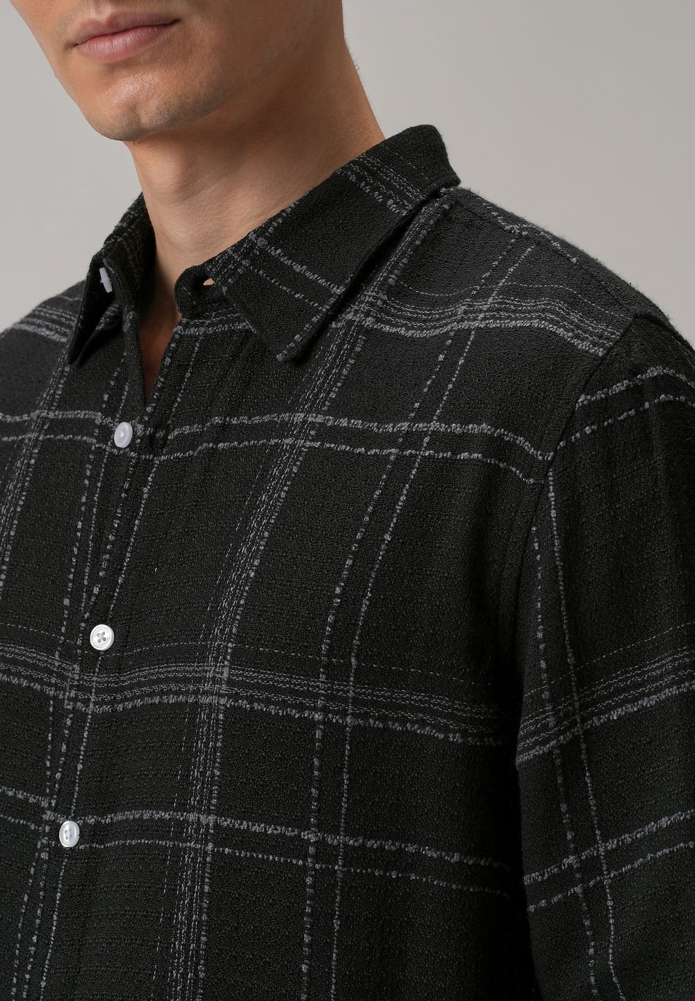 Black Plaid Textured Cotton Check Shirt
