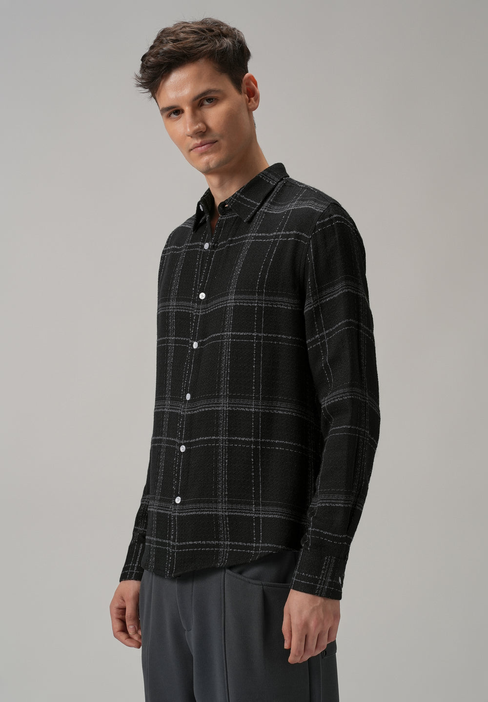 Black Plaid Textured Cotton Check Shirt