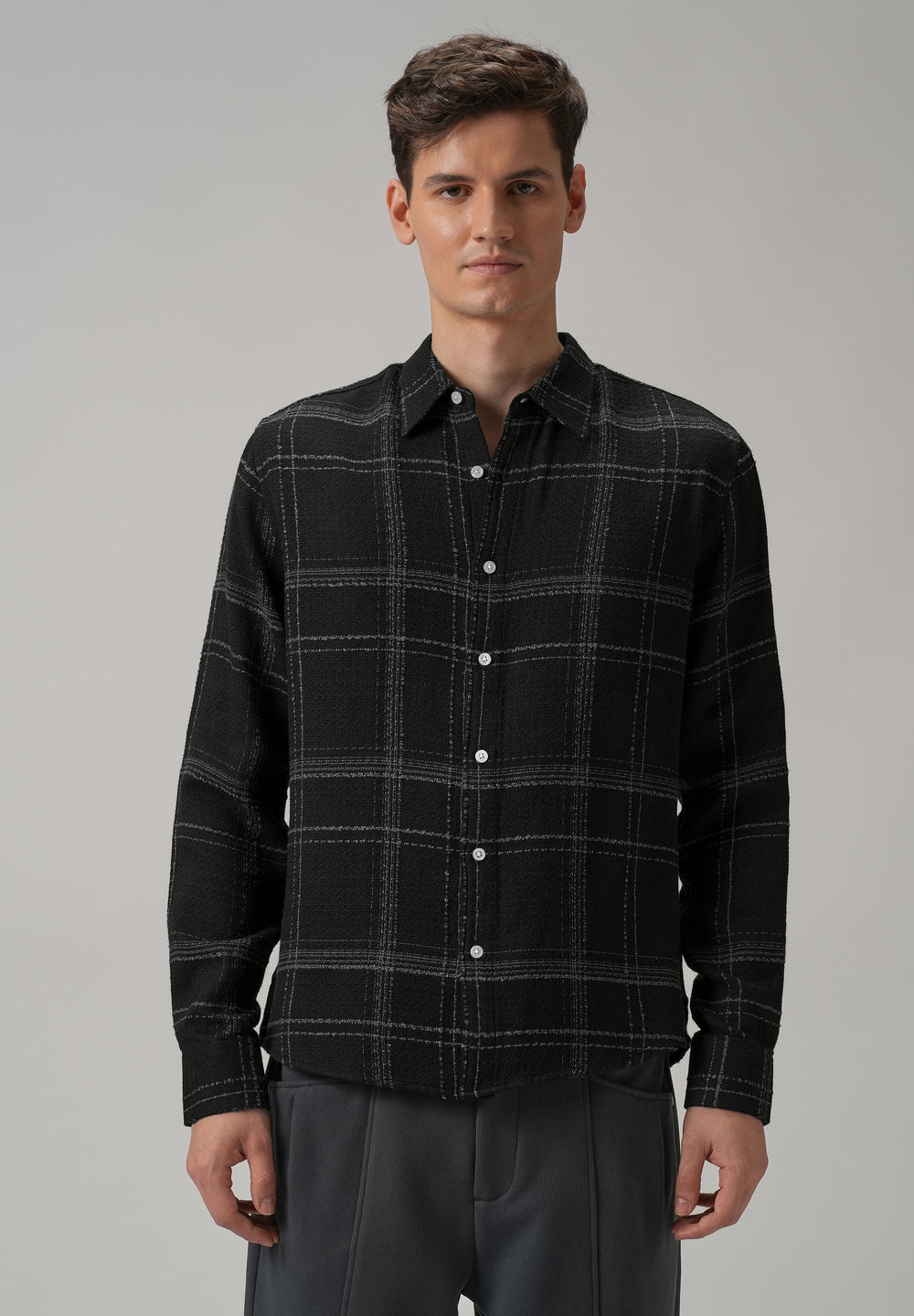 Black Plaid Textured Cotton Check Shirt