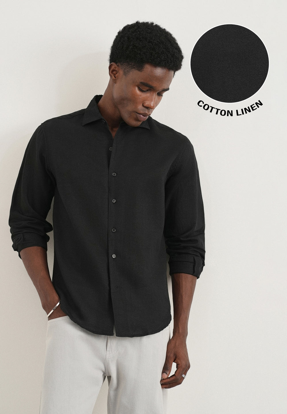 Black Plain Cotton Linen Shirt