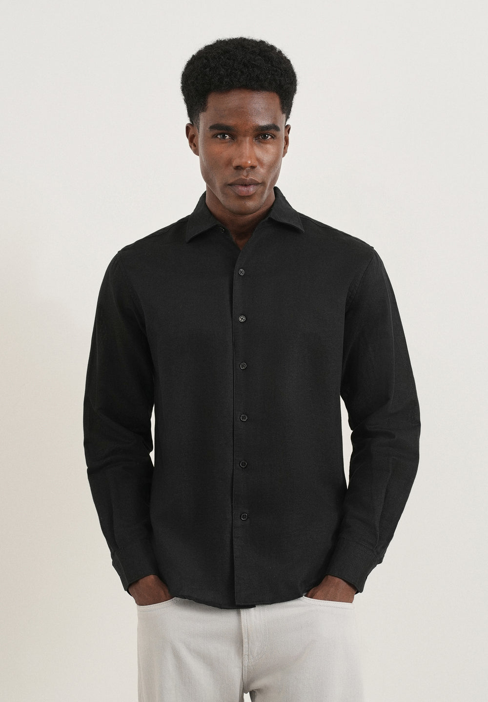 Black Plain Cotton Linen Shirt
