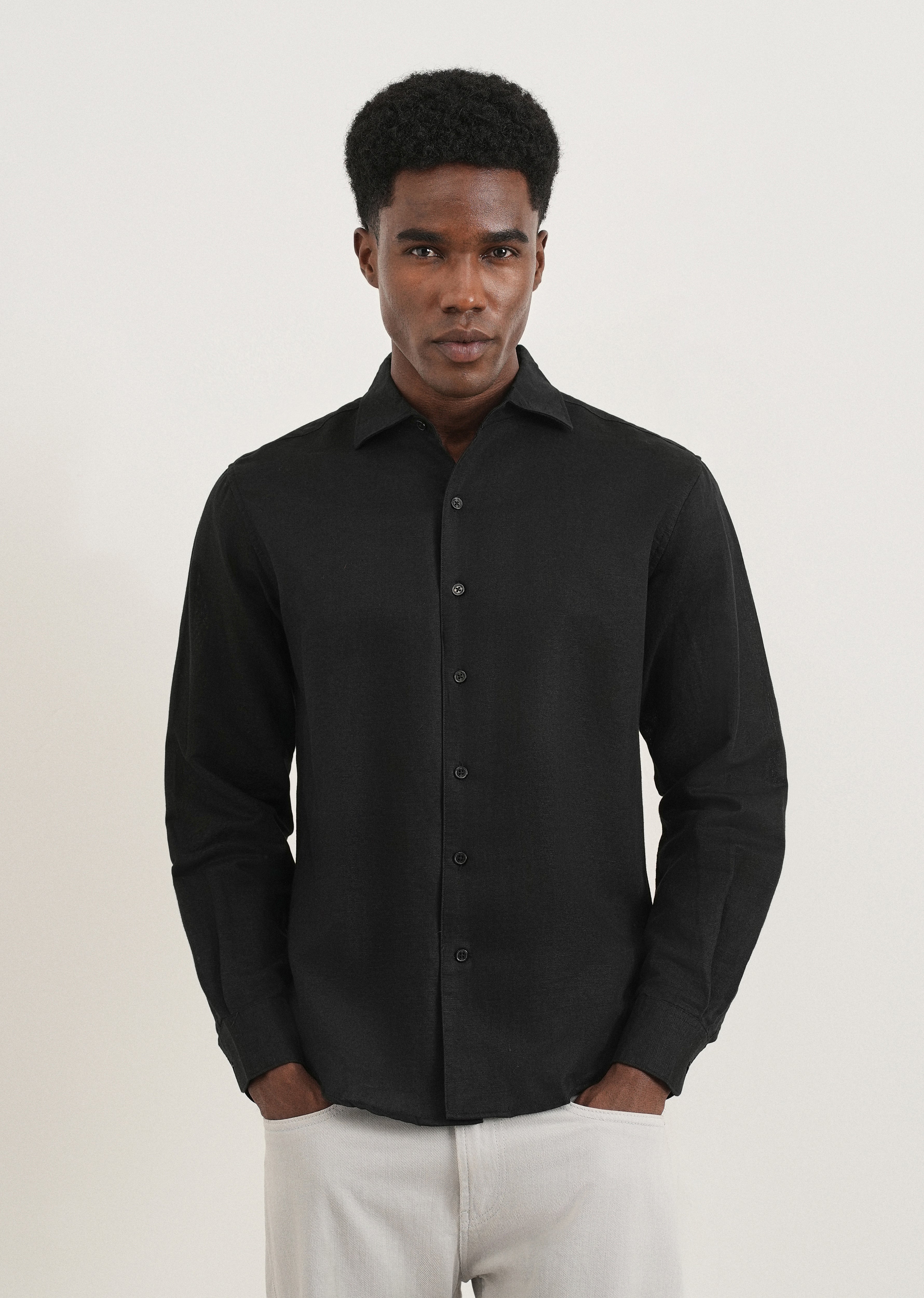 Black Plain Cotton Linen Shirt