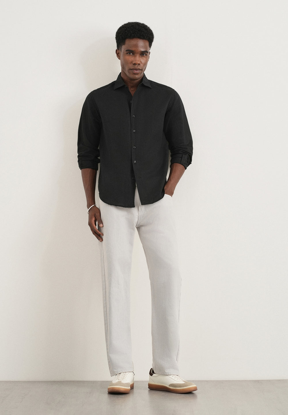 Black Plain Cotton Linen Shirt